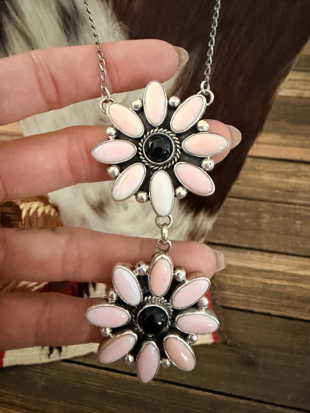 Handcrafted Queen Pink Conch, Onyx & Sterling Silver Necklace
