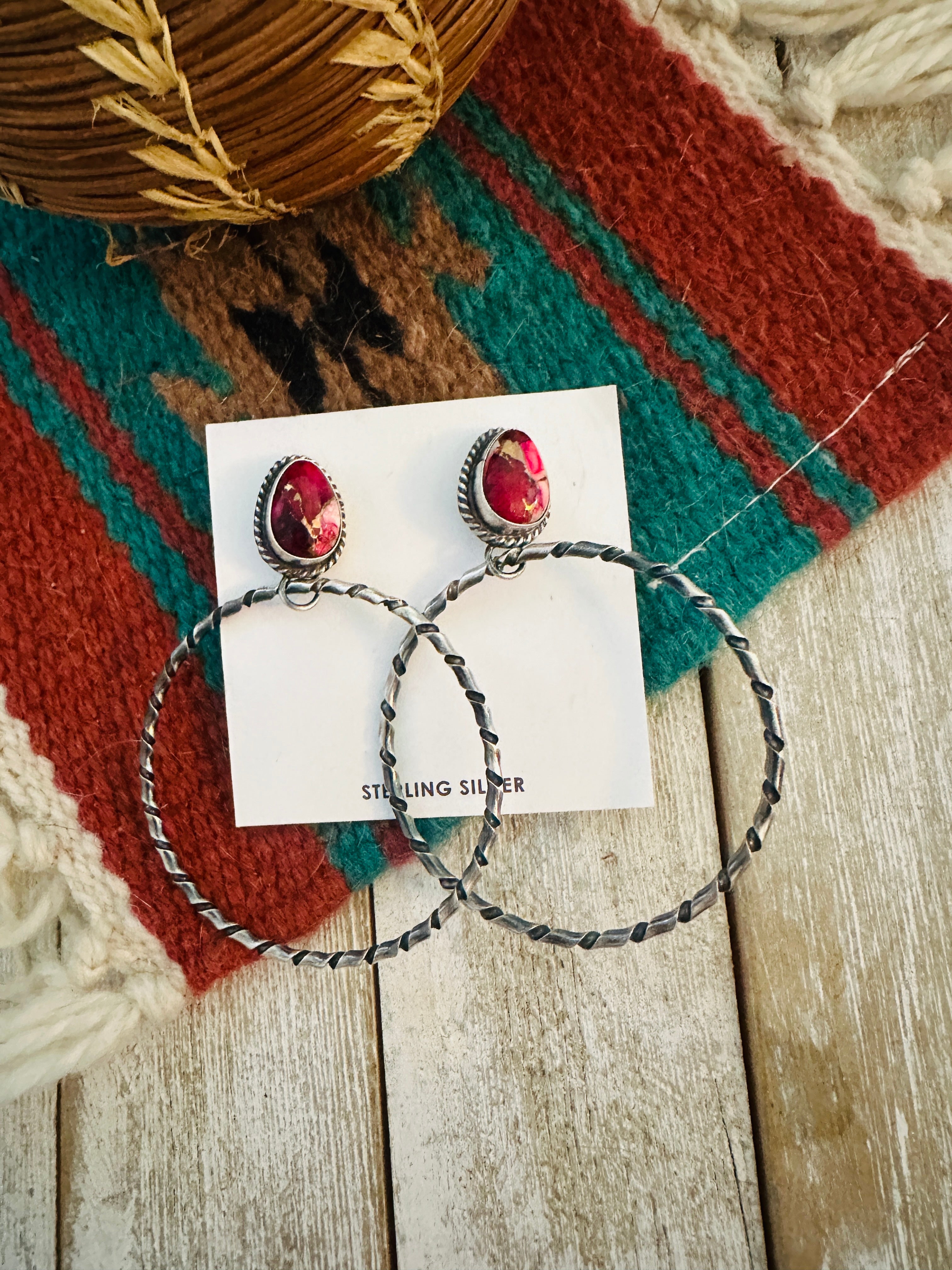 Navajo Rose Dahlia and Sterling Silver Dangle Hoop Earrings