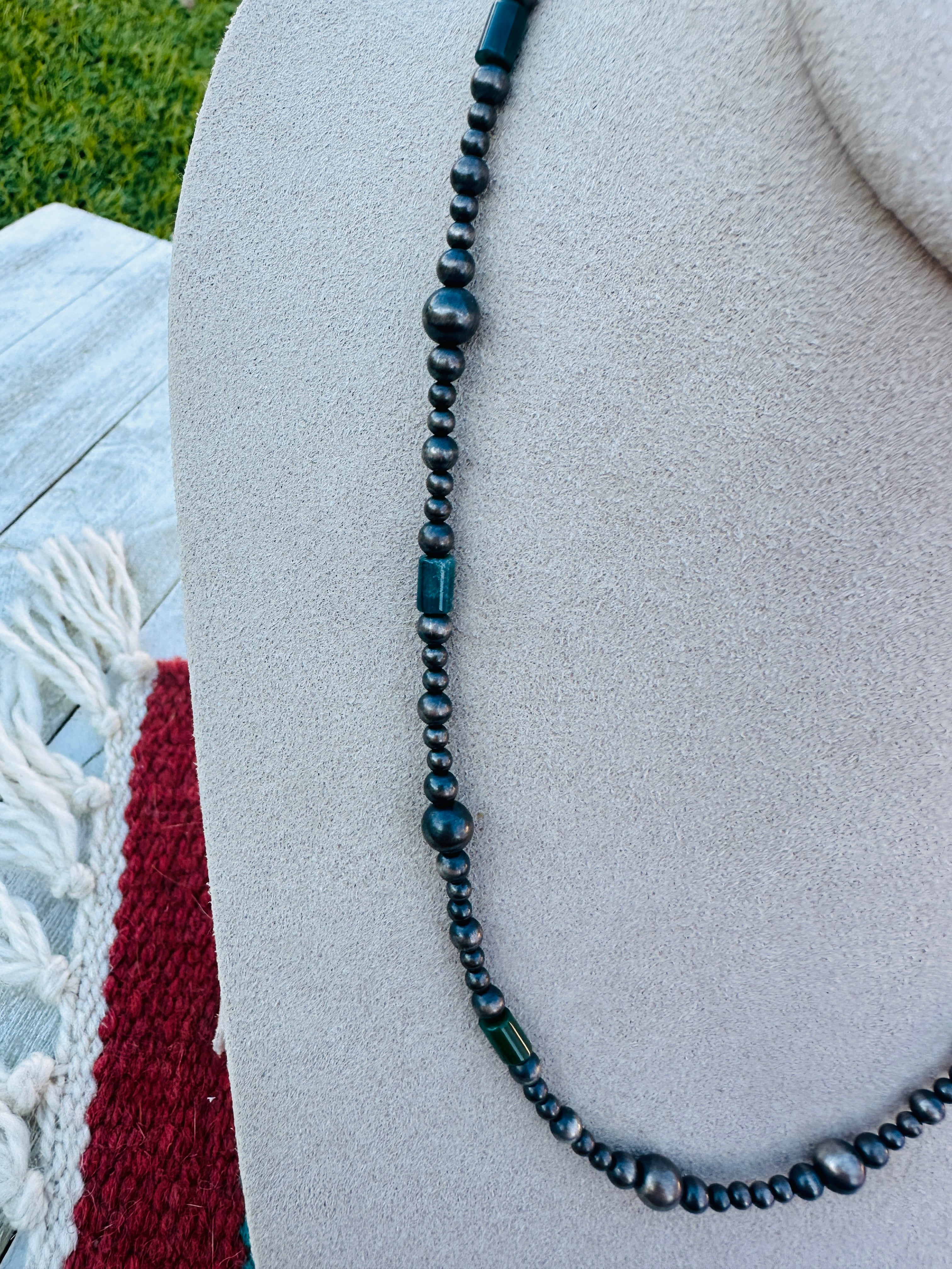 Handcrafted Sterling Silver Pearl & Lapis 18” Beaded Necklace