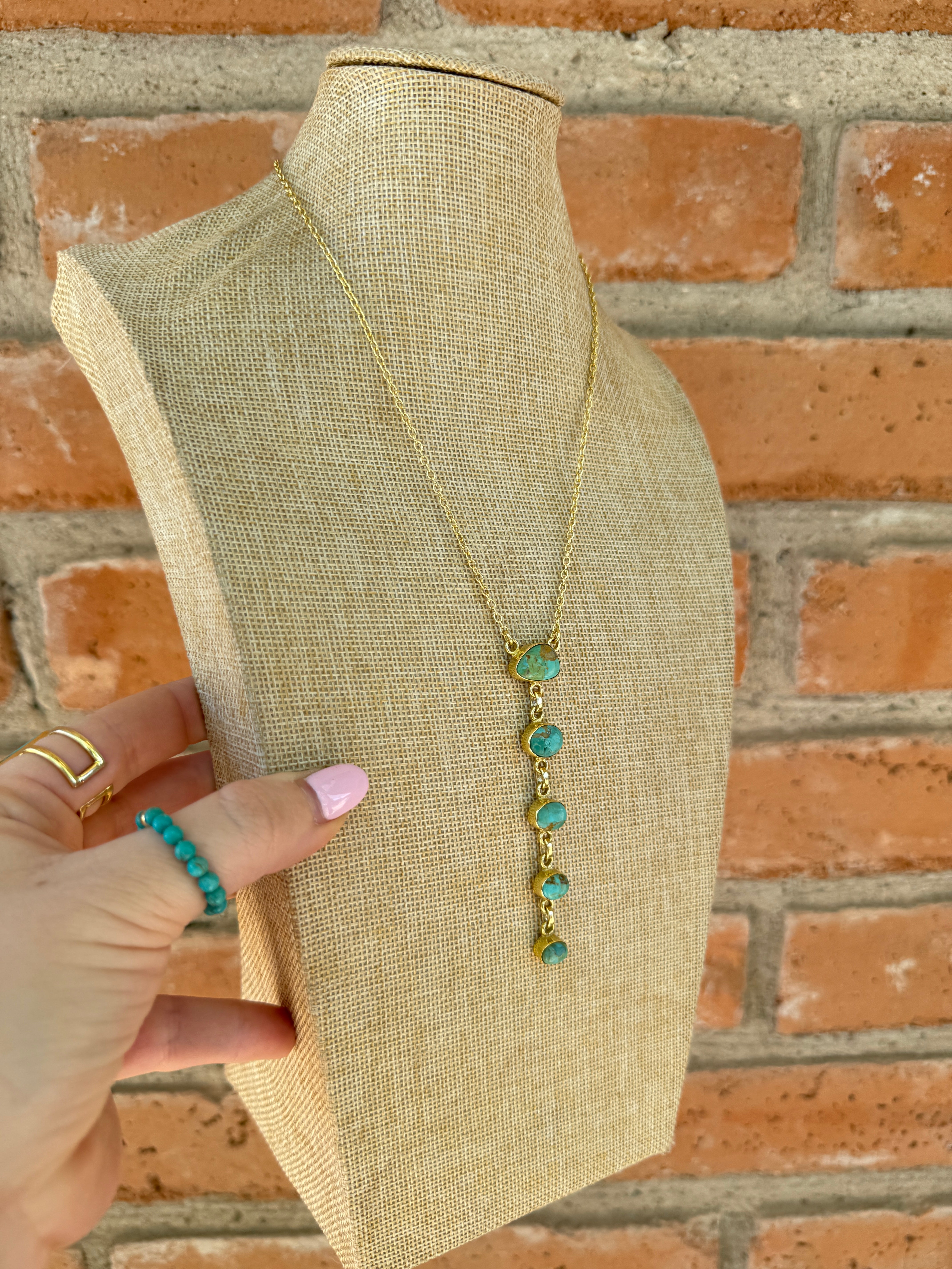 “The Golden Collection” Natural Turquoise 5 Stone Drop Handmade Gold Plated Necklace style 2