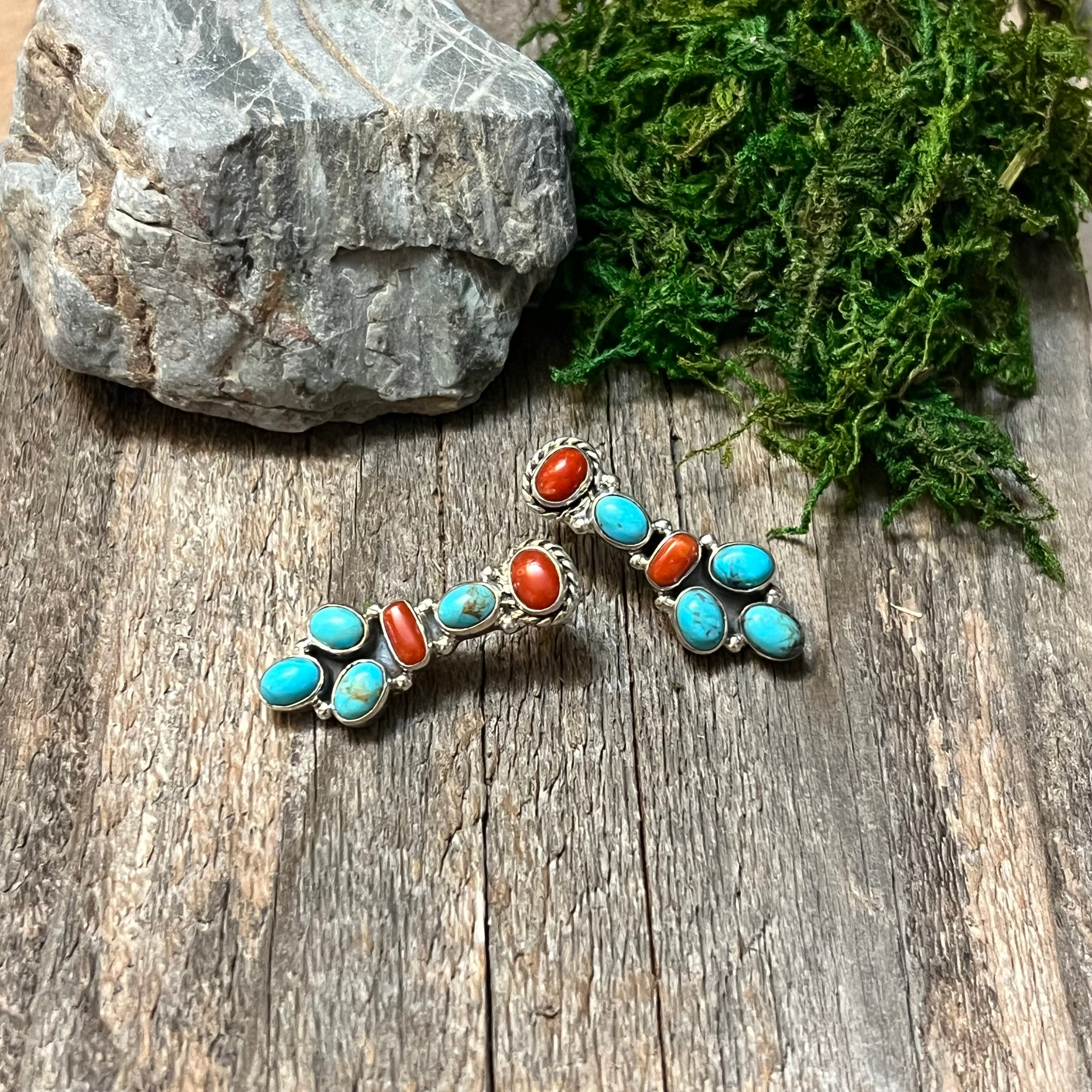 Handmade Sterling Silver Turquoise & Red Coral Cluster Stud Earrings