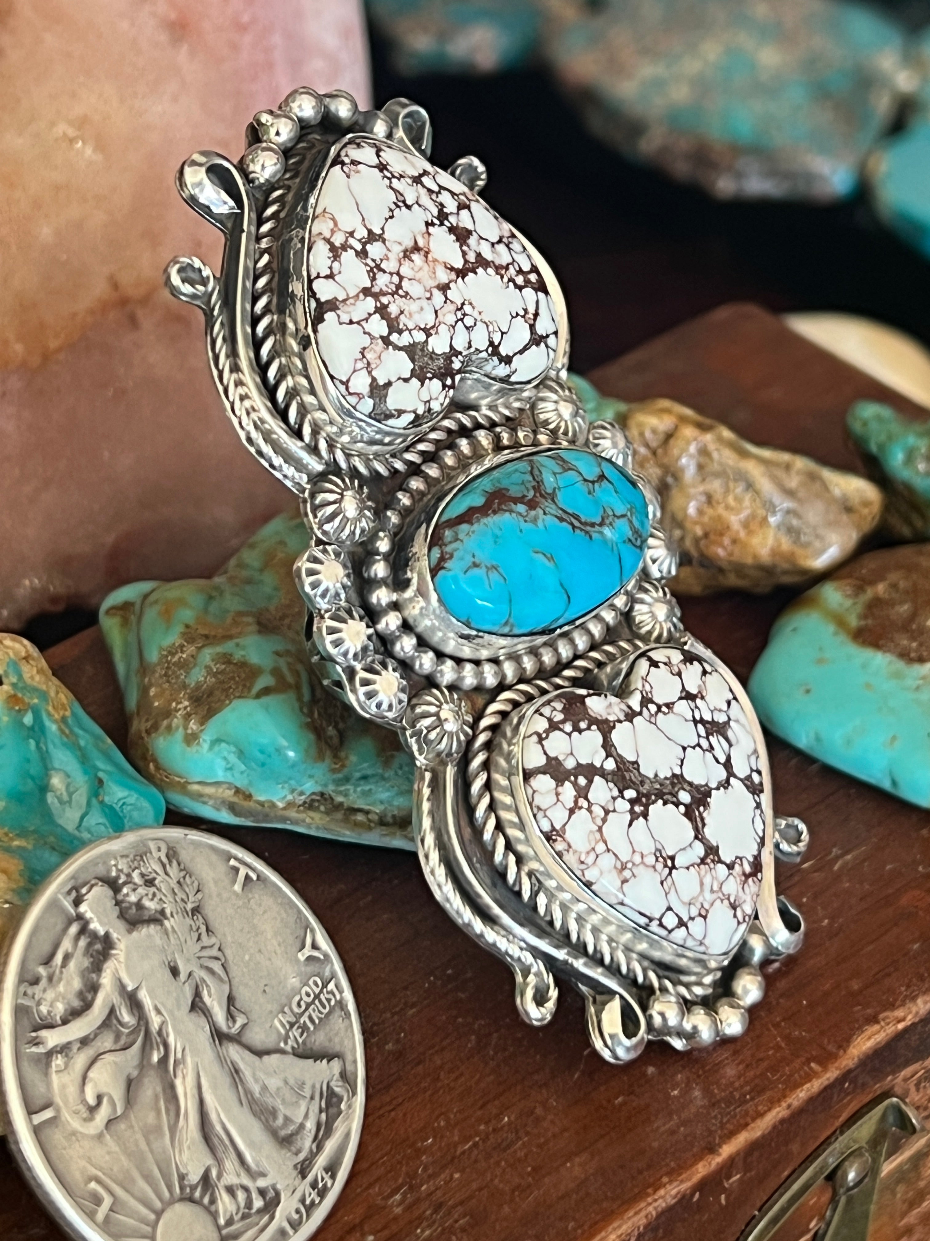 Apache Sterling Silver, Wild Horse Heart and Egyptian Turquoise Statement Ring by Rosella Paxson, Size 6.5