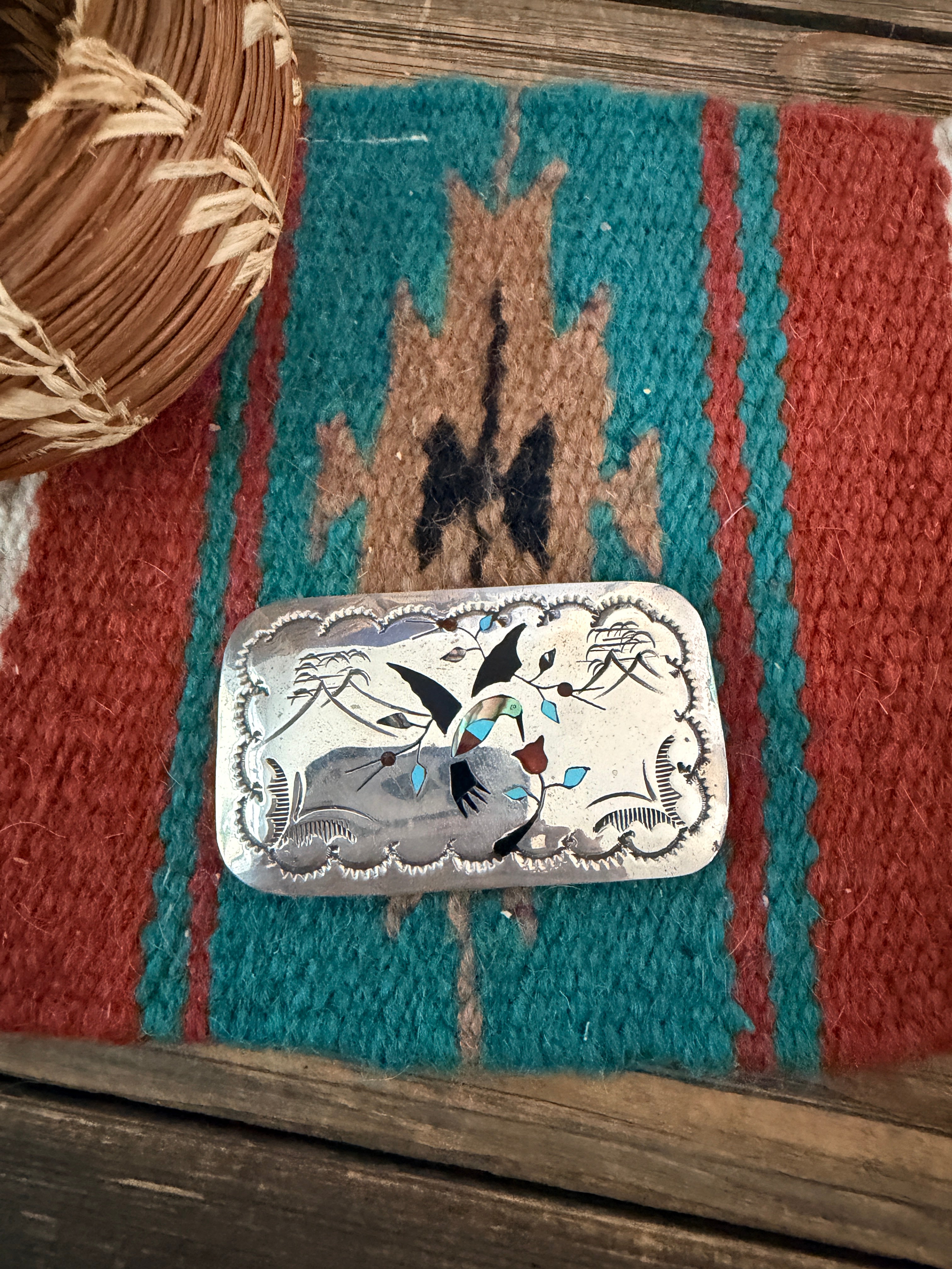 Handcrafted Vintage Old Pawn Sterling Silver and Multi Stone Inlay Hummingbird Belt Buckle