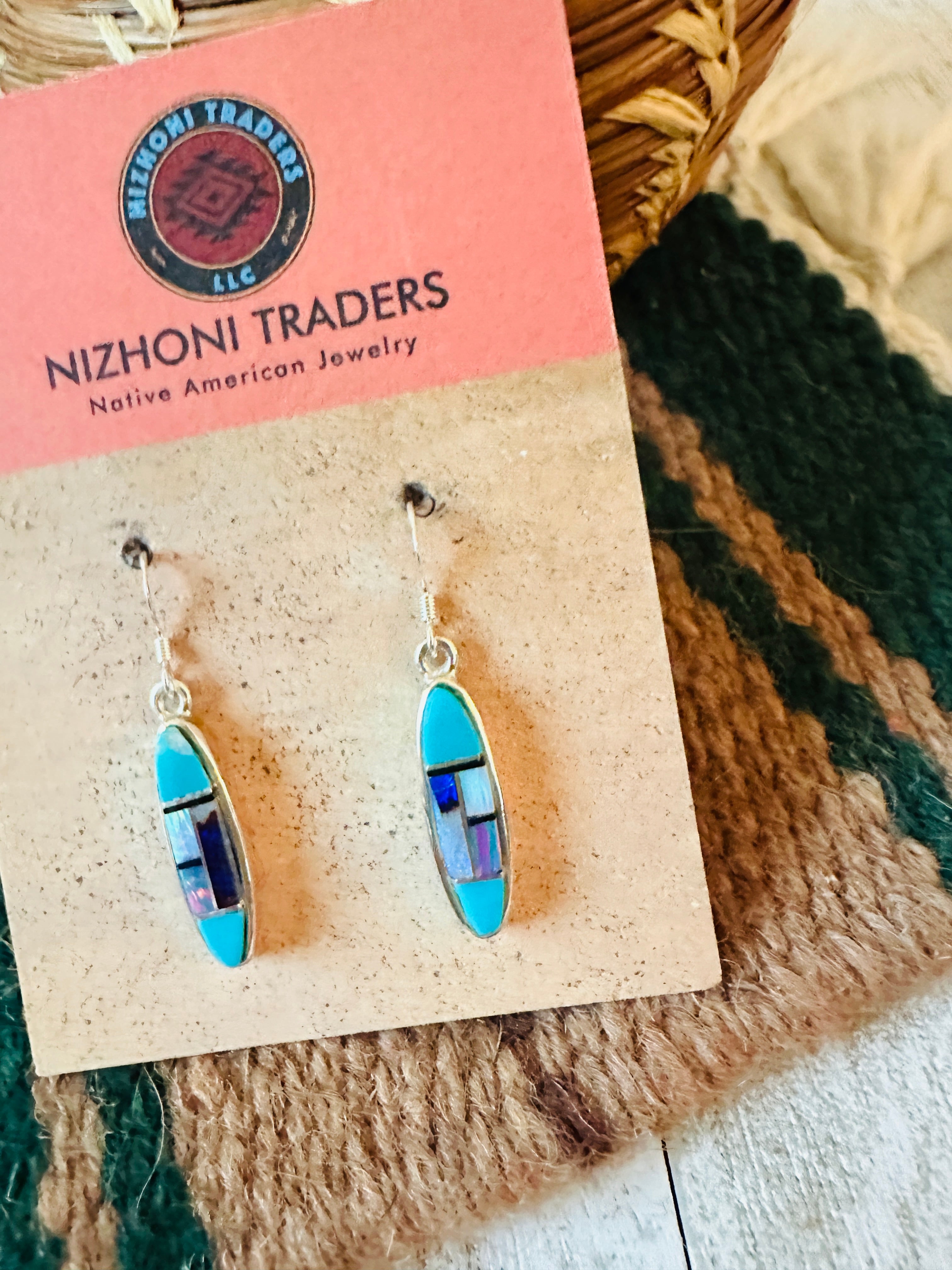 Handcrafted Sterling Silver & Multi Stone Inlay Dangle Earrings