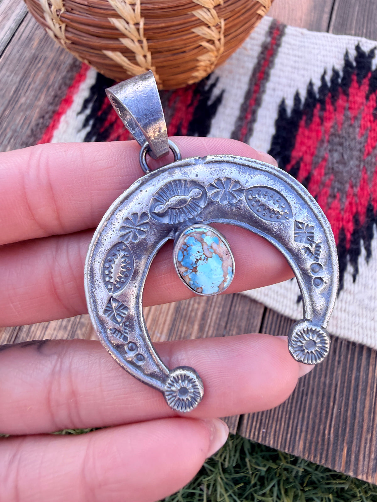 Handcrafted Sterling Silver & Golden Hills Turquoise Naja Pendant by Kevin Billah