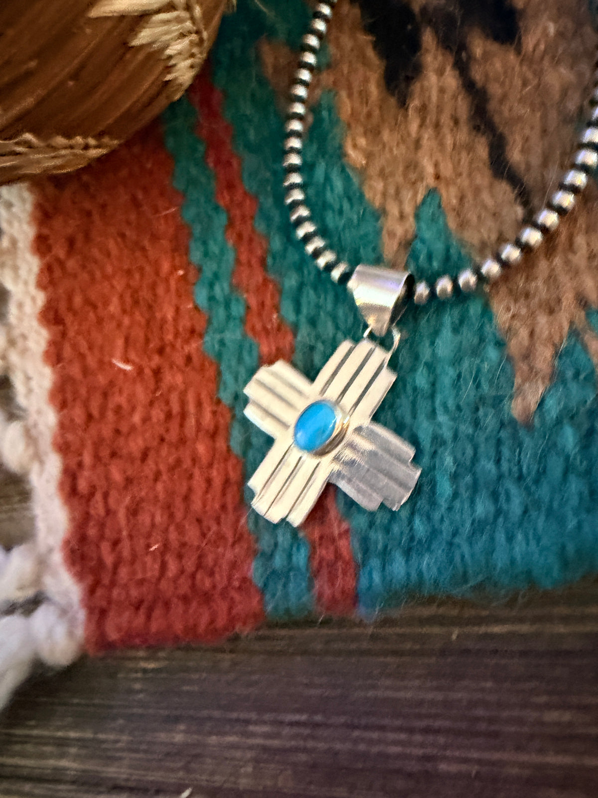 Old Pawn Handcrafted Inlay Turquoise & Sterling Silver Zia Cross Pendant