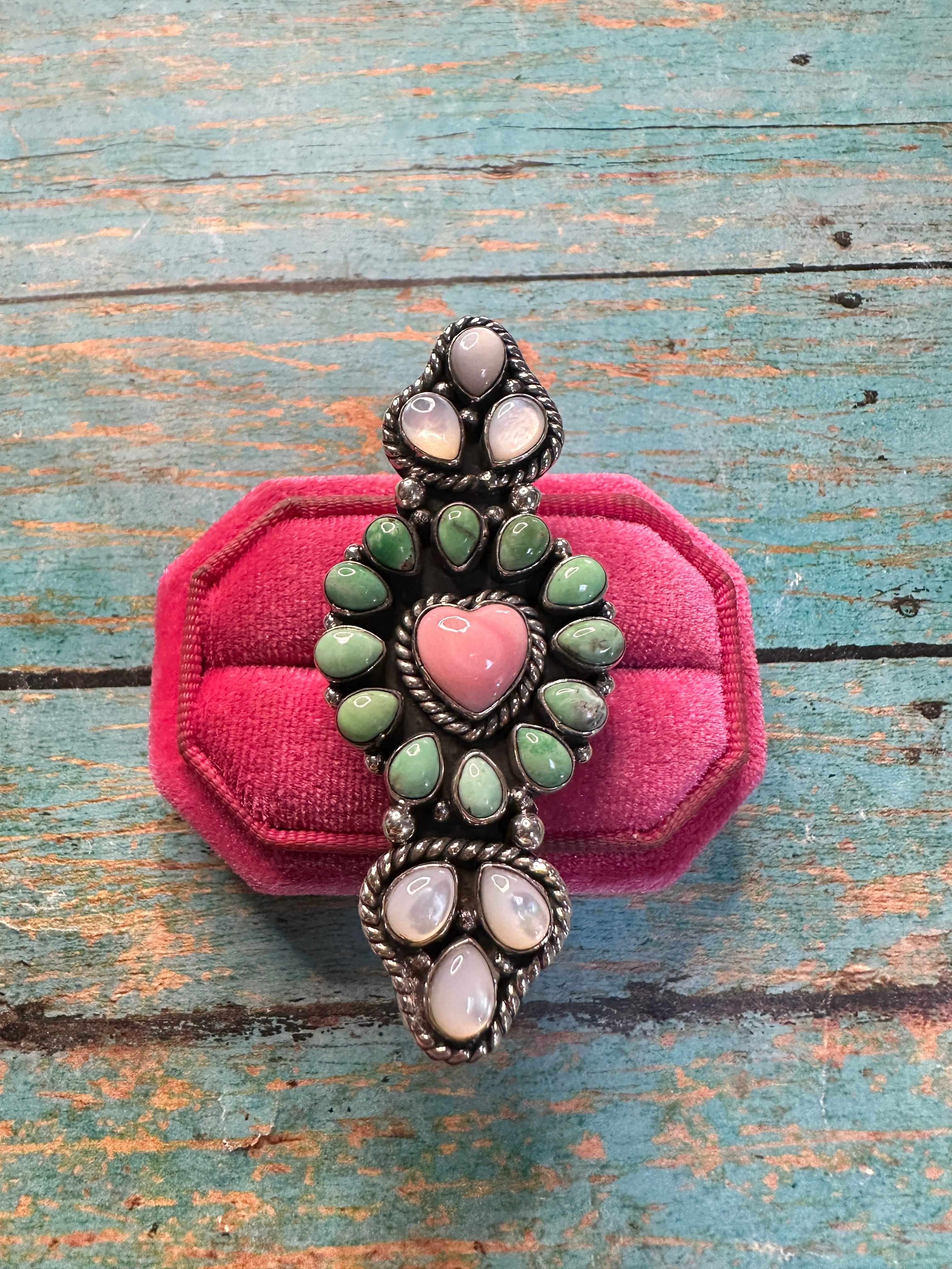 Beautiful Handmade Mother of Pearl, Turquoise, Pink Conch And Sterling Silver Adjustable Cluster Heart Ring