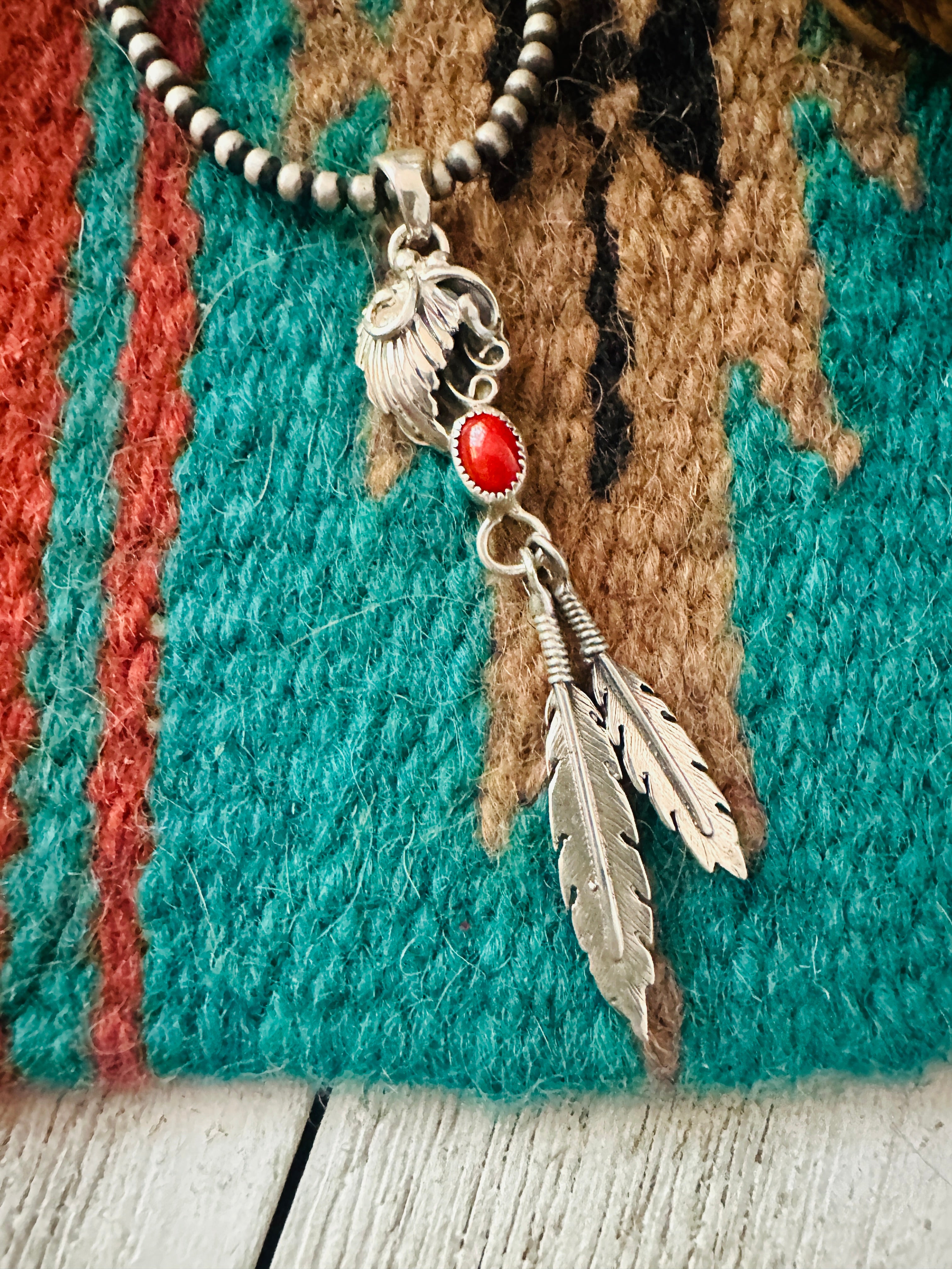 Handcrafted Coral & Sterling Silver Feather Pendant