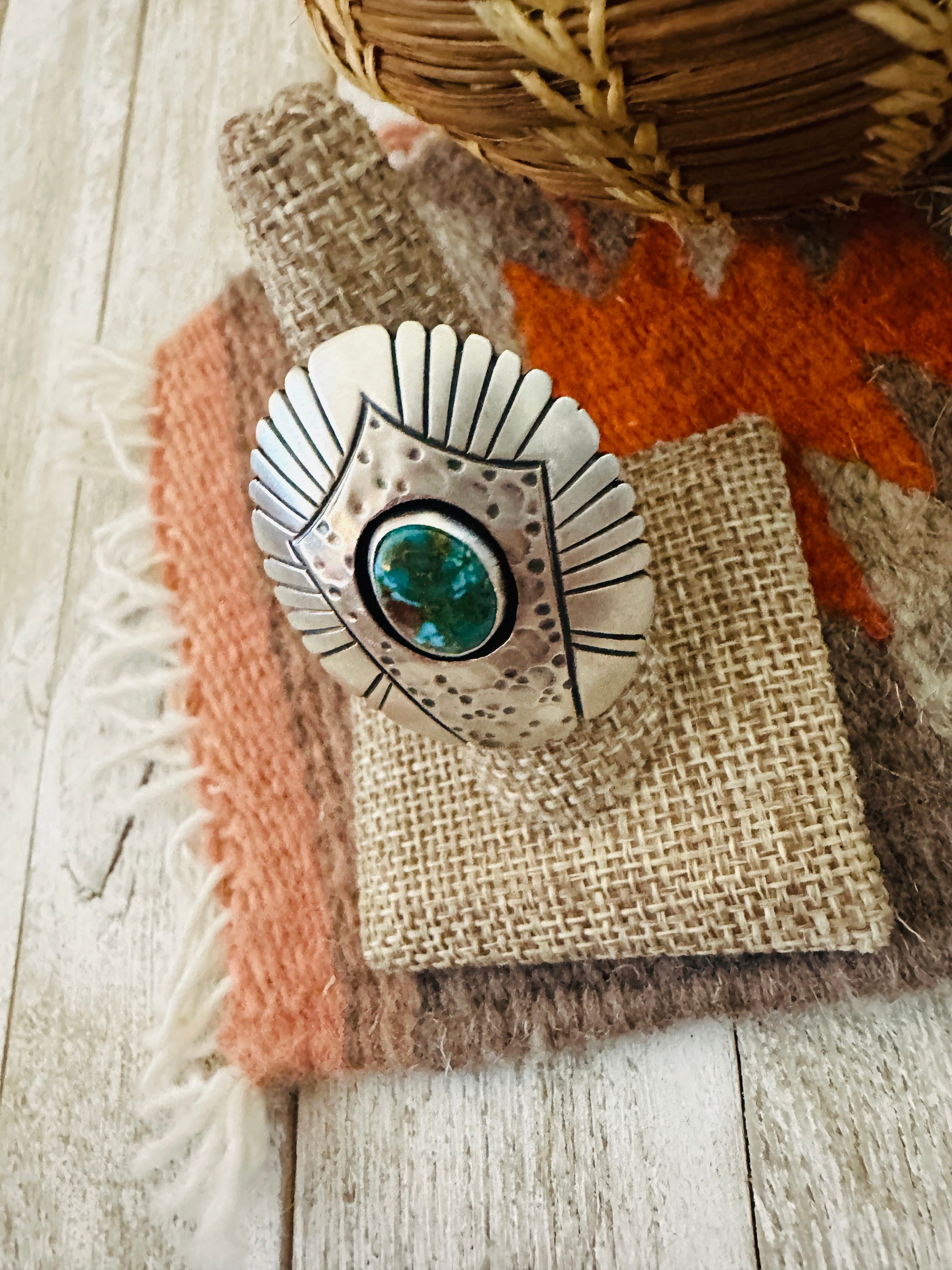 Handcrafted Hand Stamped Sterling Silver & Sonoran Mountain Turquoise Ring Size 8