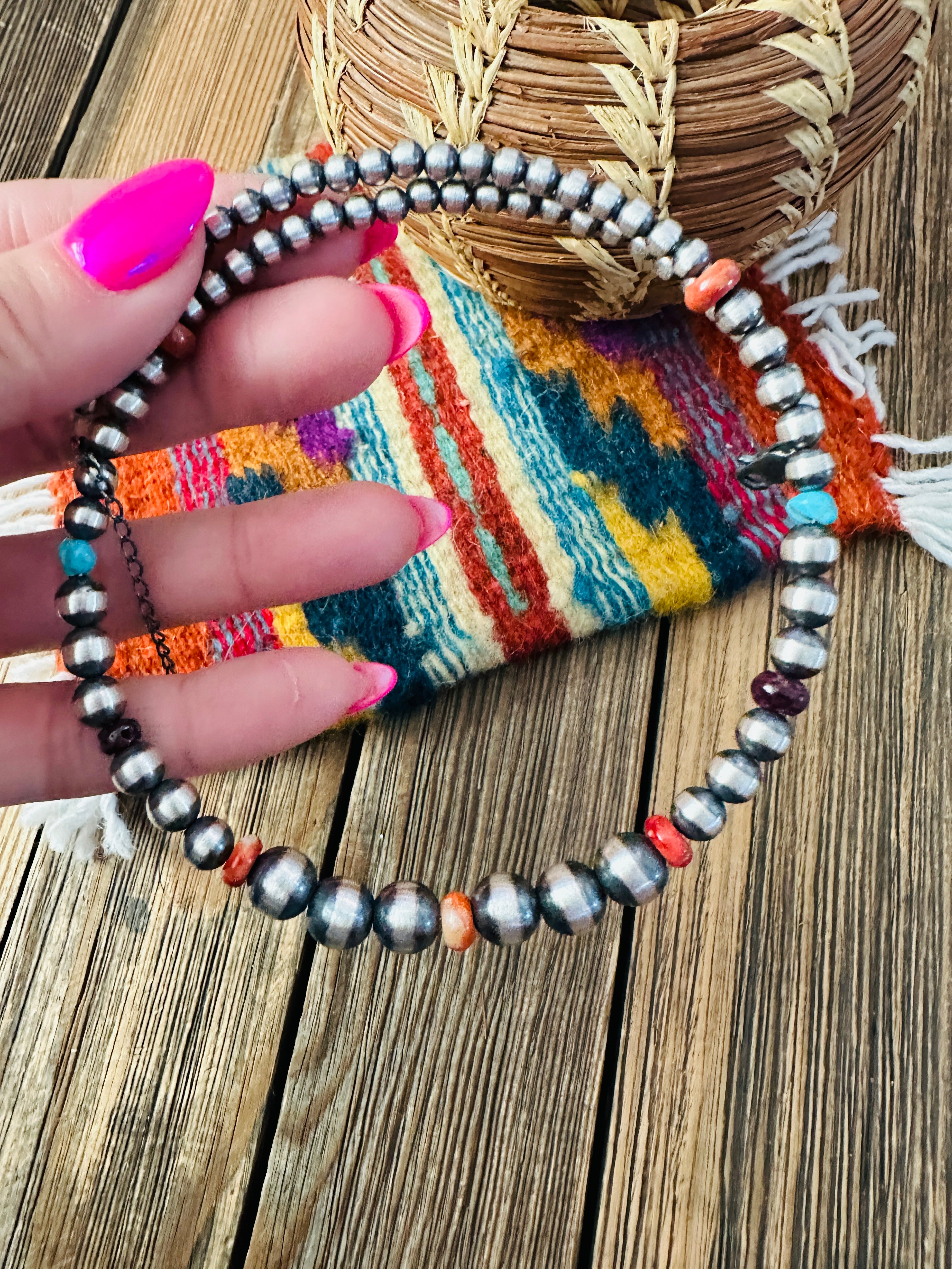 Handcrafted Turquoise, Spiny & Sterling Silver Beaded Wrap Choker Necklace