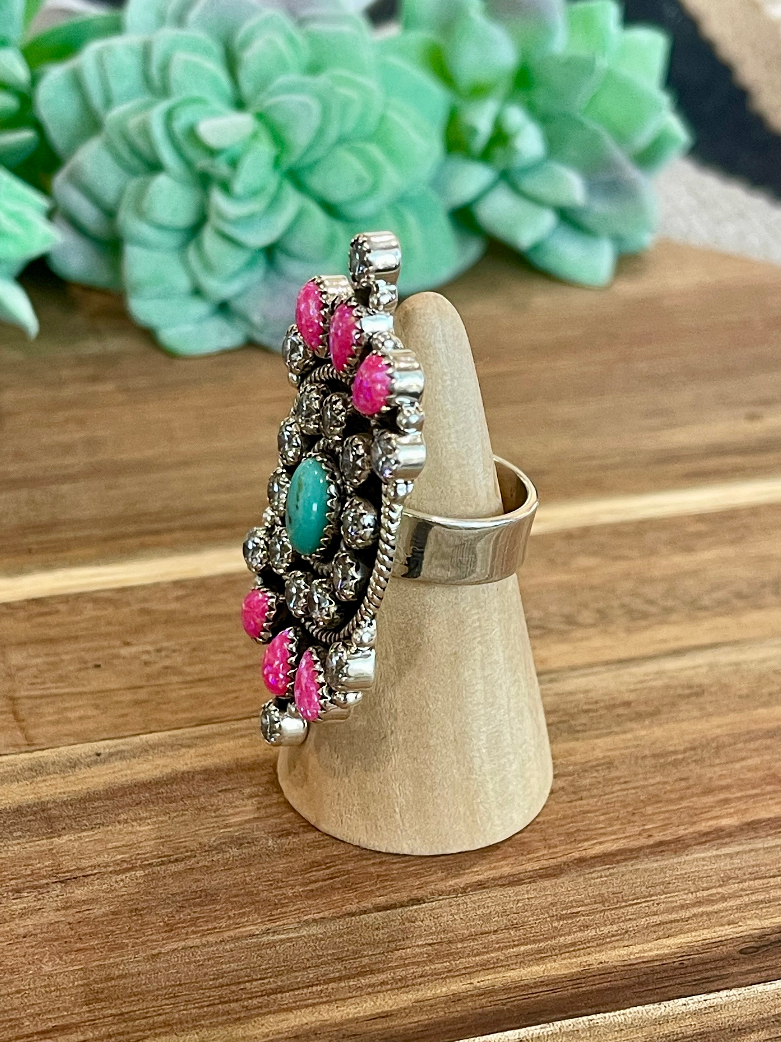 Handmade Pink Fire Opal, Opal, Cubic Zirconia And Sterling Silver Adjustable Ring Signed Nizhoni