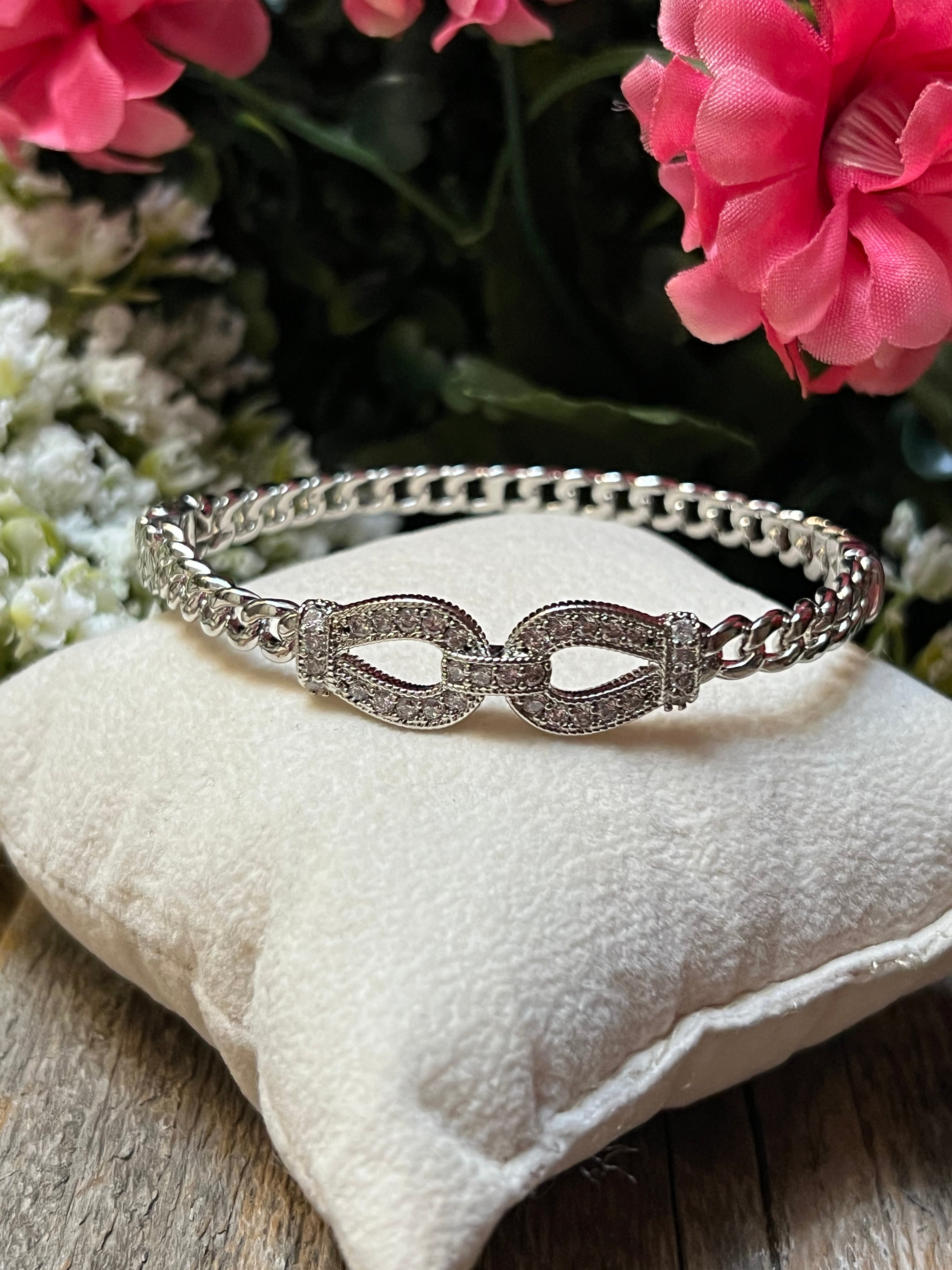 Silver Plated CZ HorseBit Bangle Bracelet