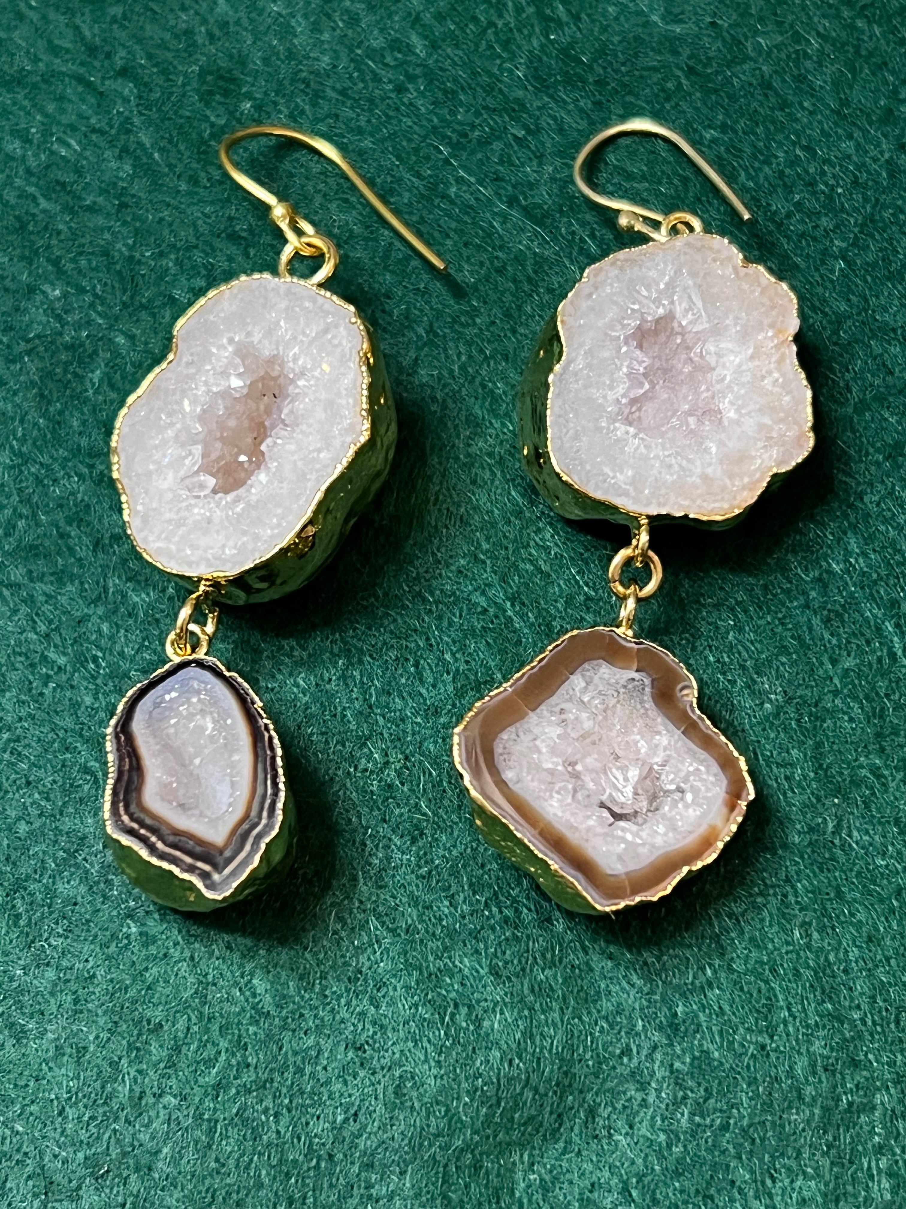 Handmade 14k Gold Druzy Plated Brass 2-Stone White Geode Dangle Wire Earrings