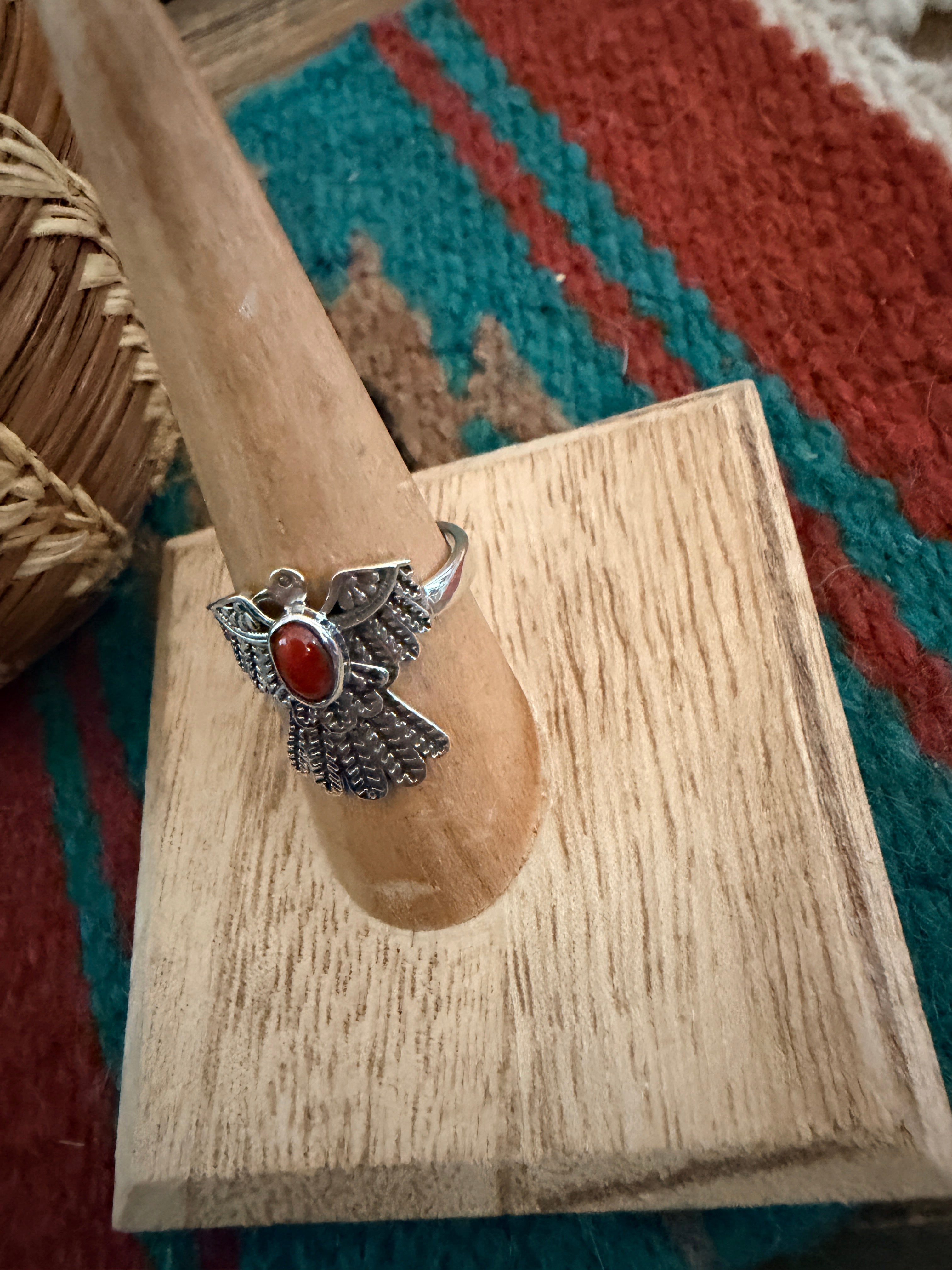 Handmade Sterling Silver and Coral Thunderbird Adjustable Ring "Signed Nizhoni"