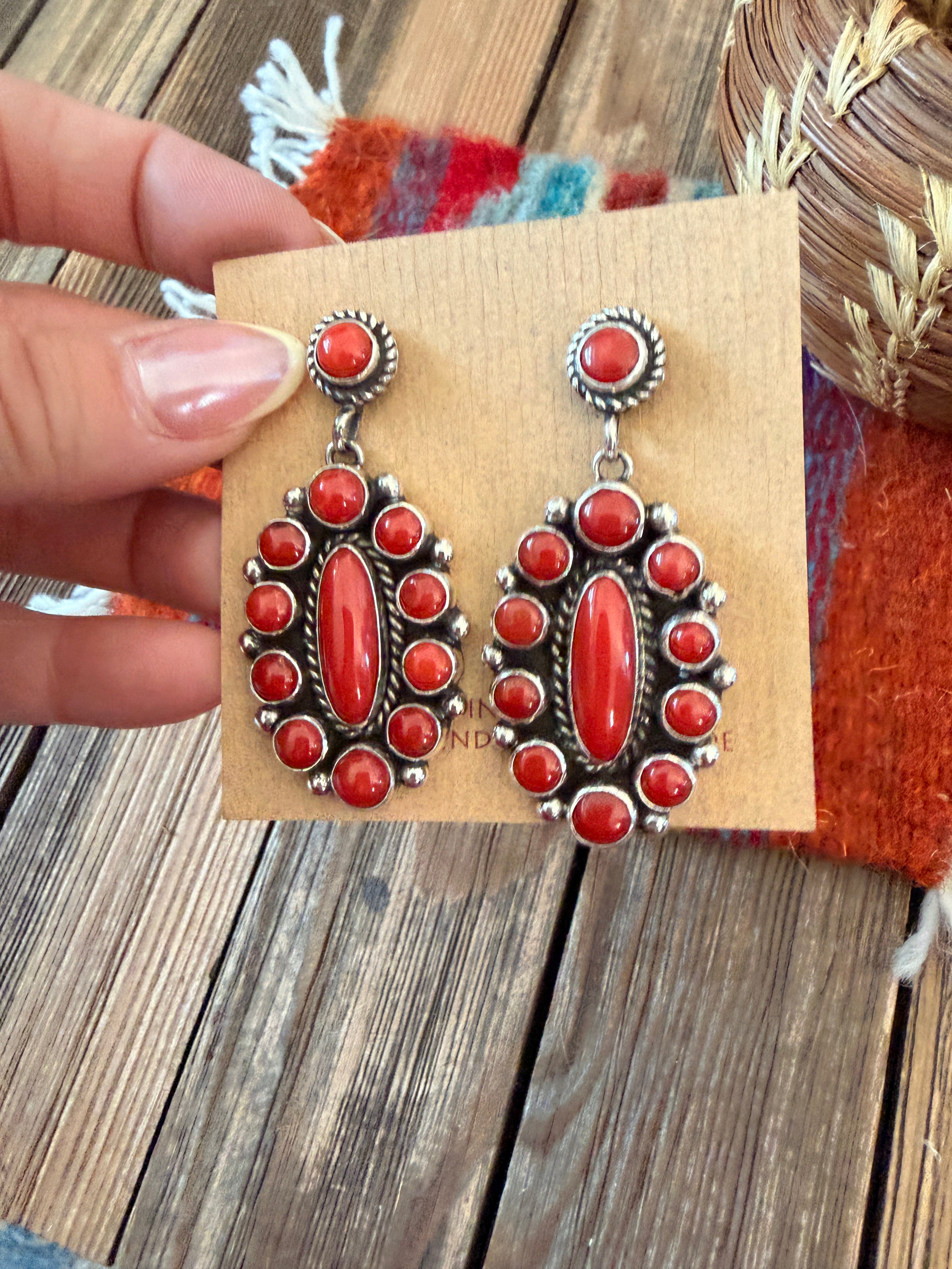 Handcrafted Coral & Sterling Silver Cluster Dangle Earrings