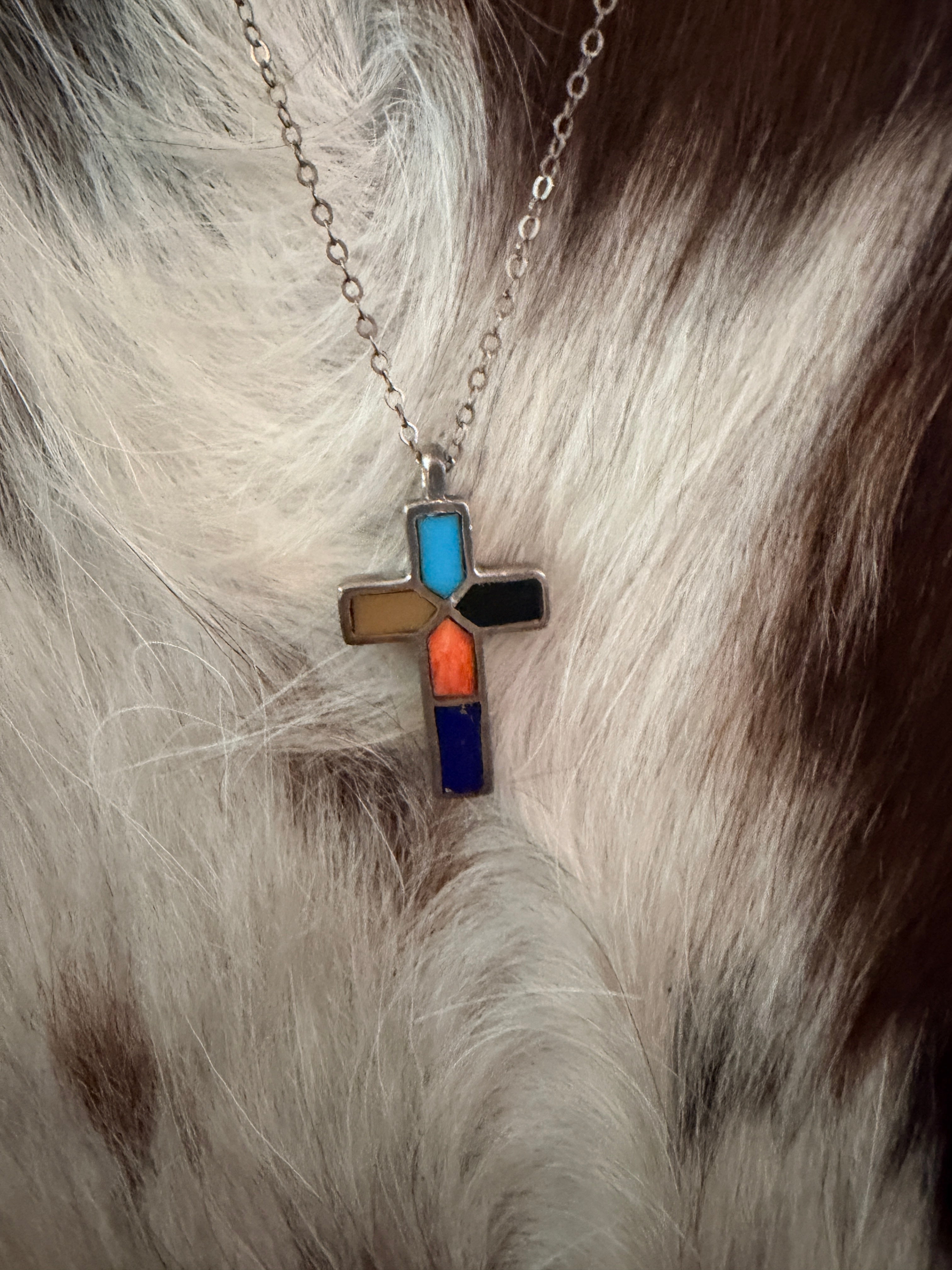 Old Pawn Handcrafted Sterling Silver and Multi Stone Inlay Cross Necklace