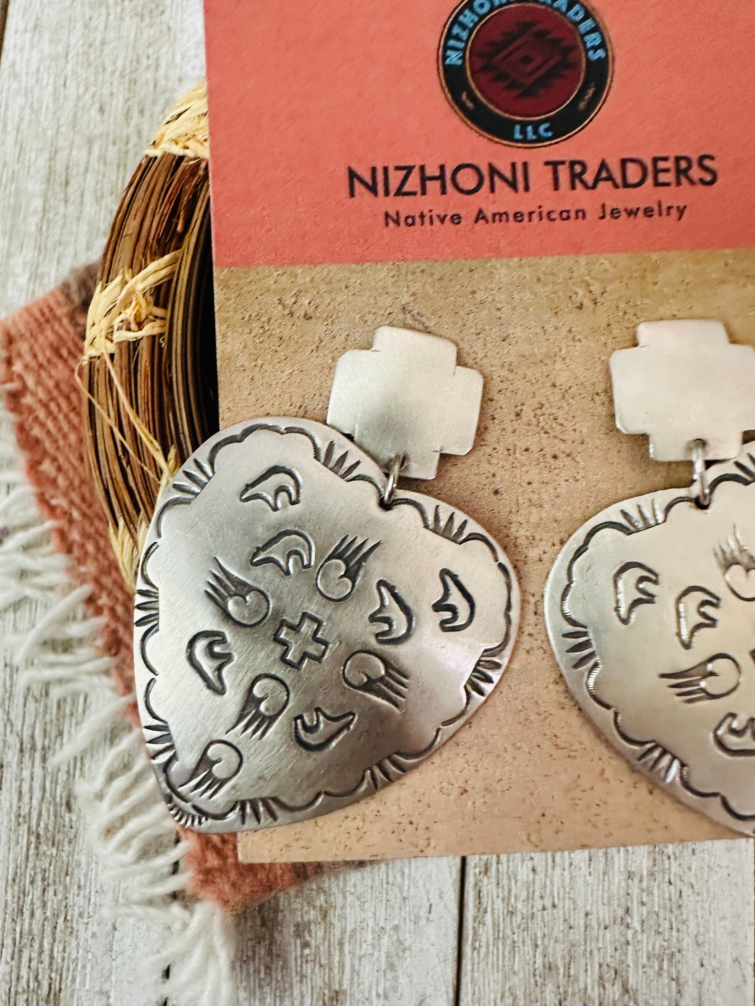 Handcrafted and Hand Stamped Sterling Silver Concho Heart Dangle Earrings