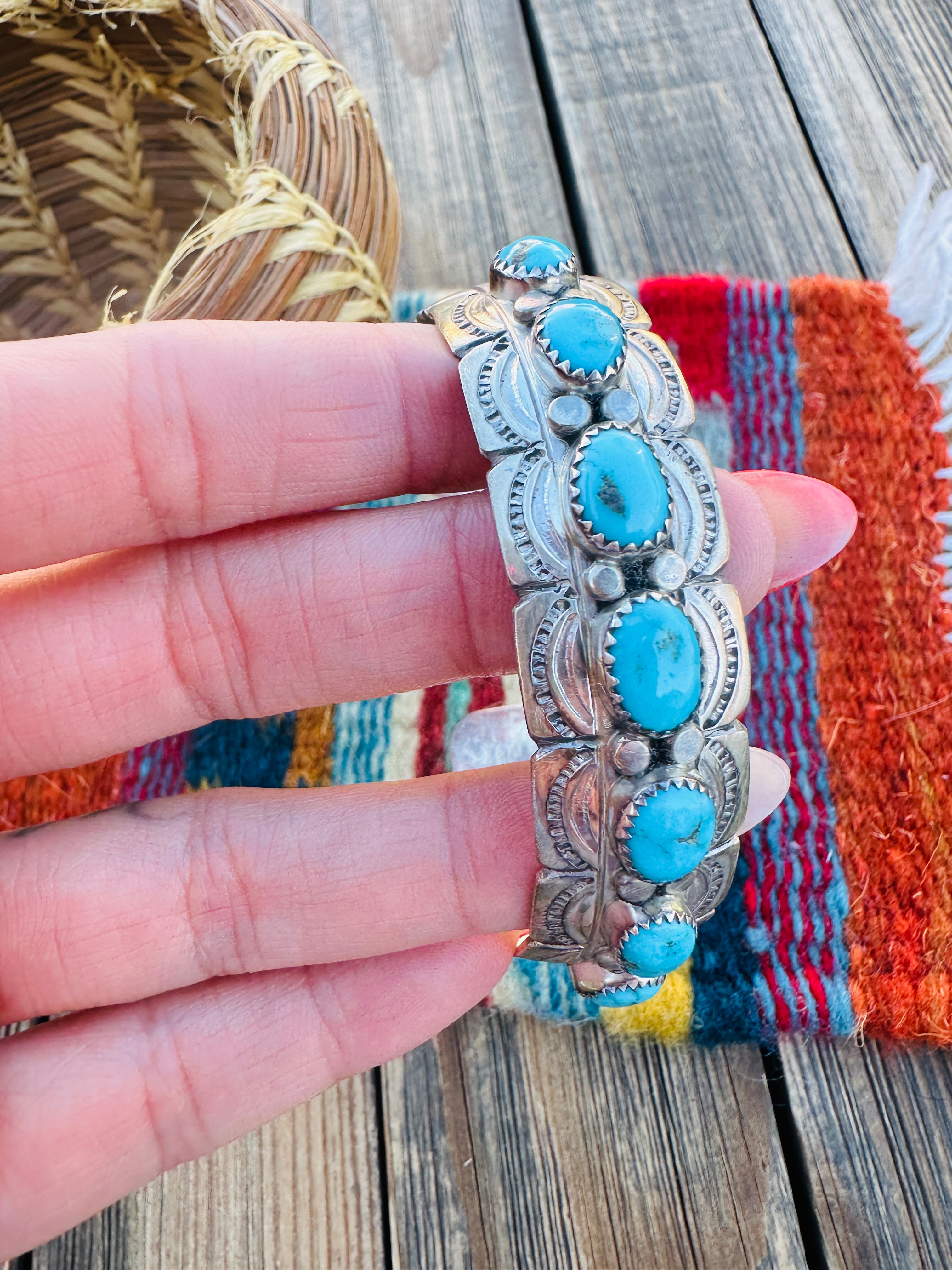 Handcrafted Old Pawn Sterling Silver & Turquoise Cuff Bracelet