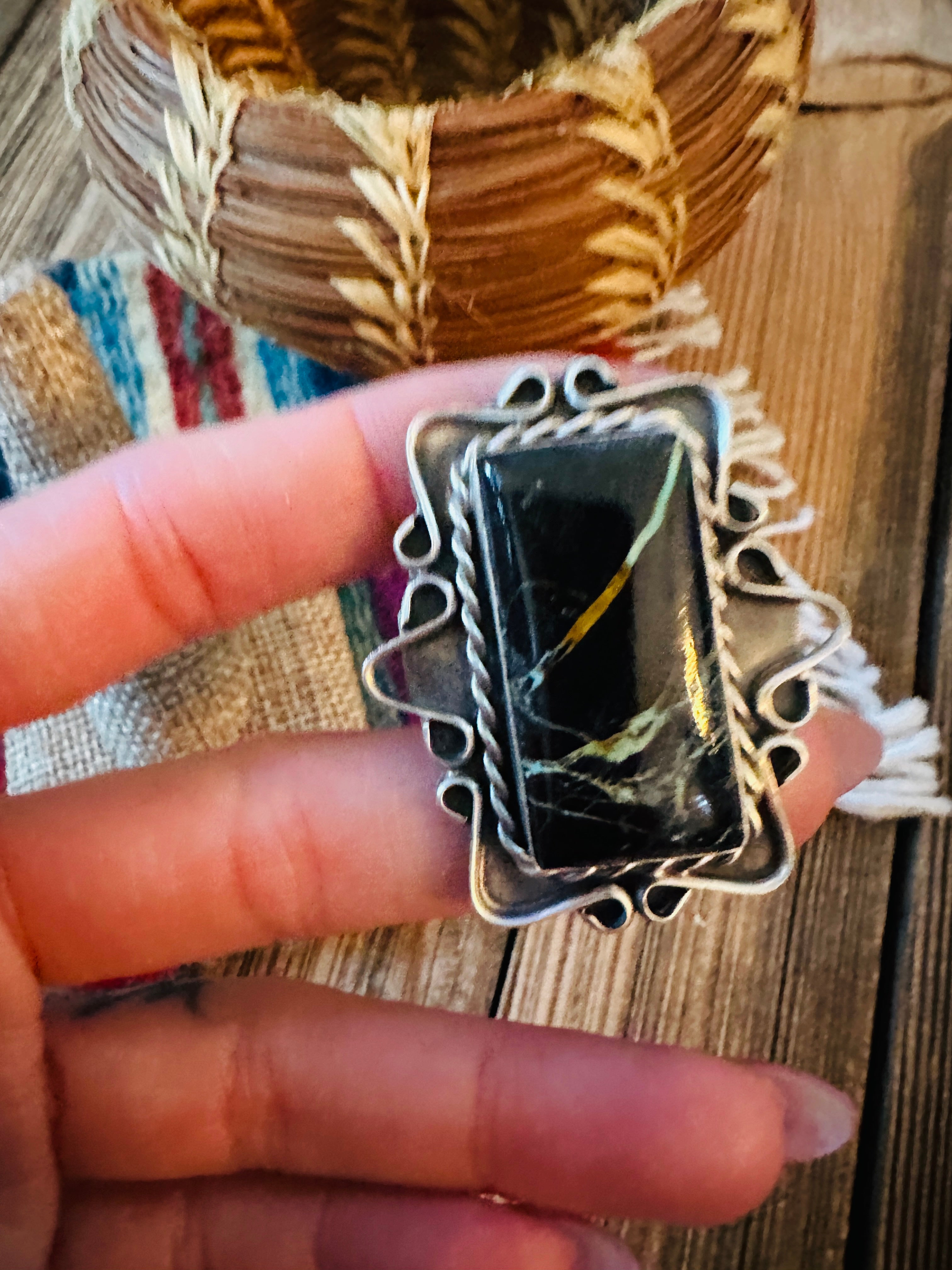 Handcrafted Blackjack Turquoise & Sterling Silver Ring Size 7.25