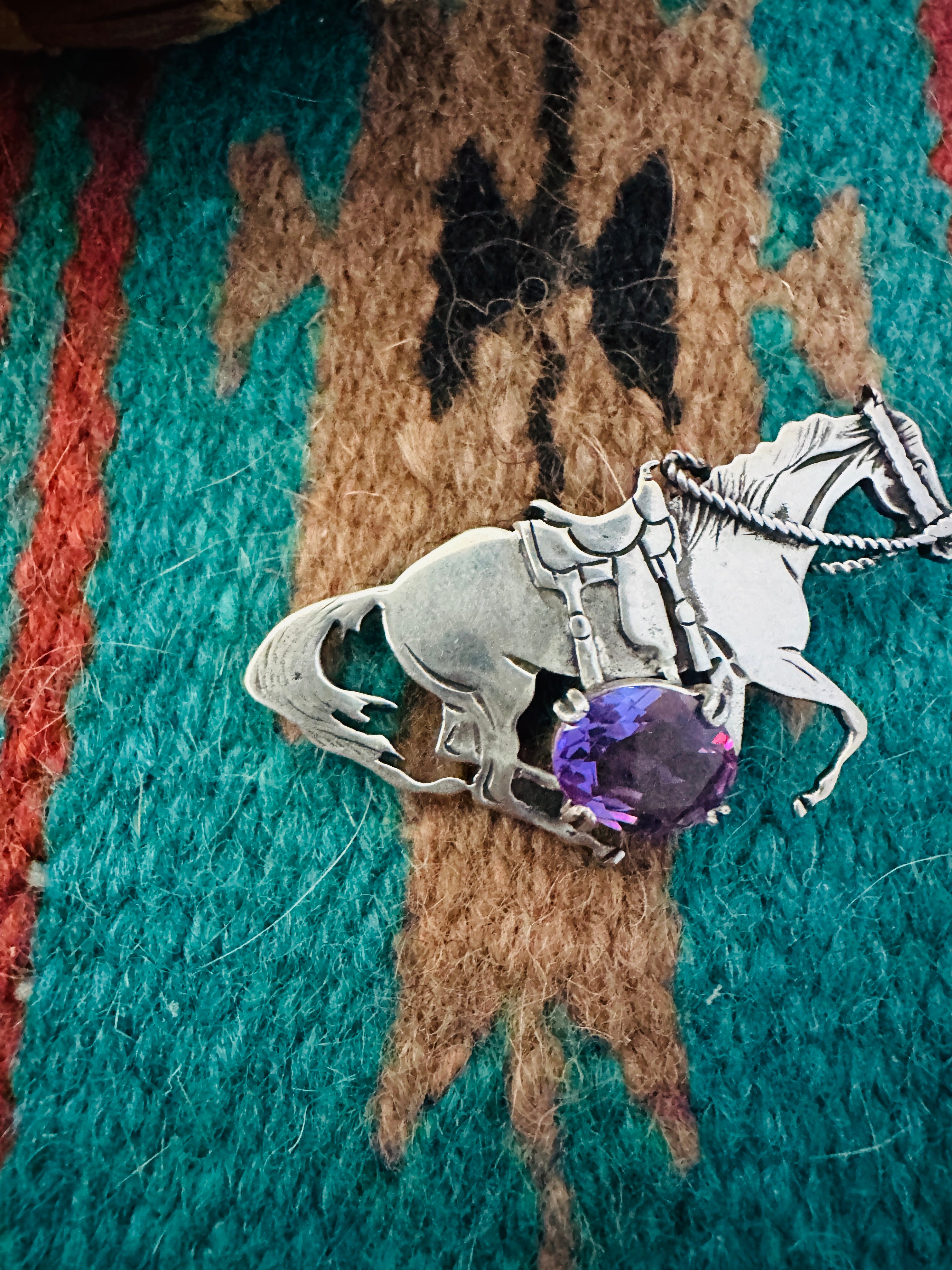 Handcrafted Old Pawn Sterling Silver & Amethyst Horse Brooch