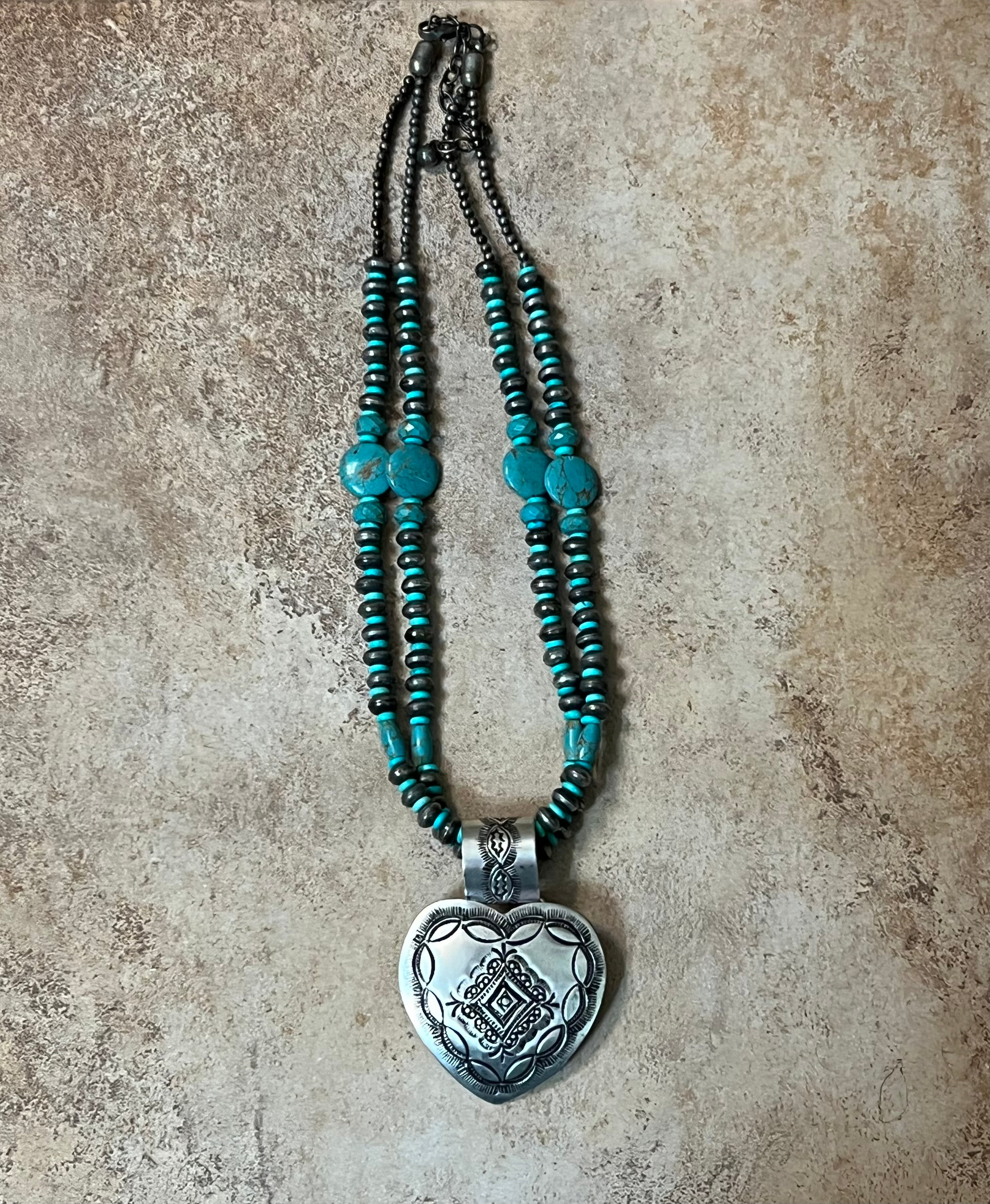 Silver-Plated Brass Heart & Two Strand Blue Accent Beaded Necklace