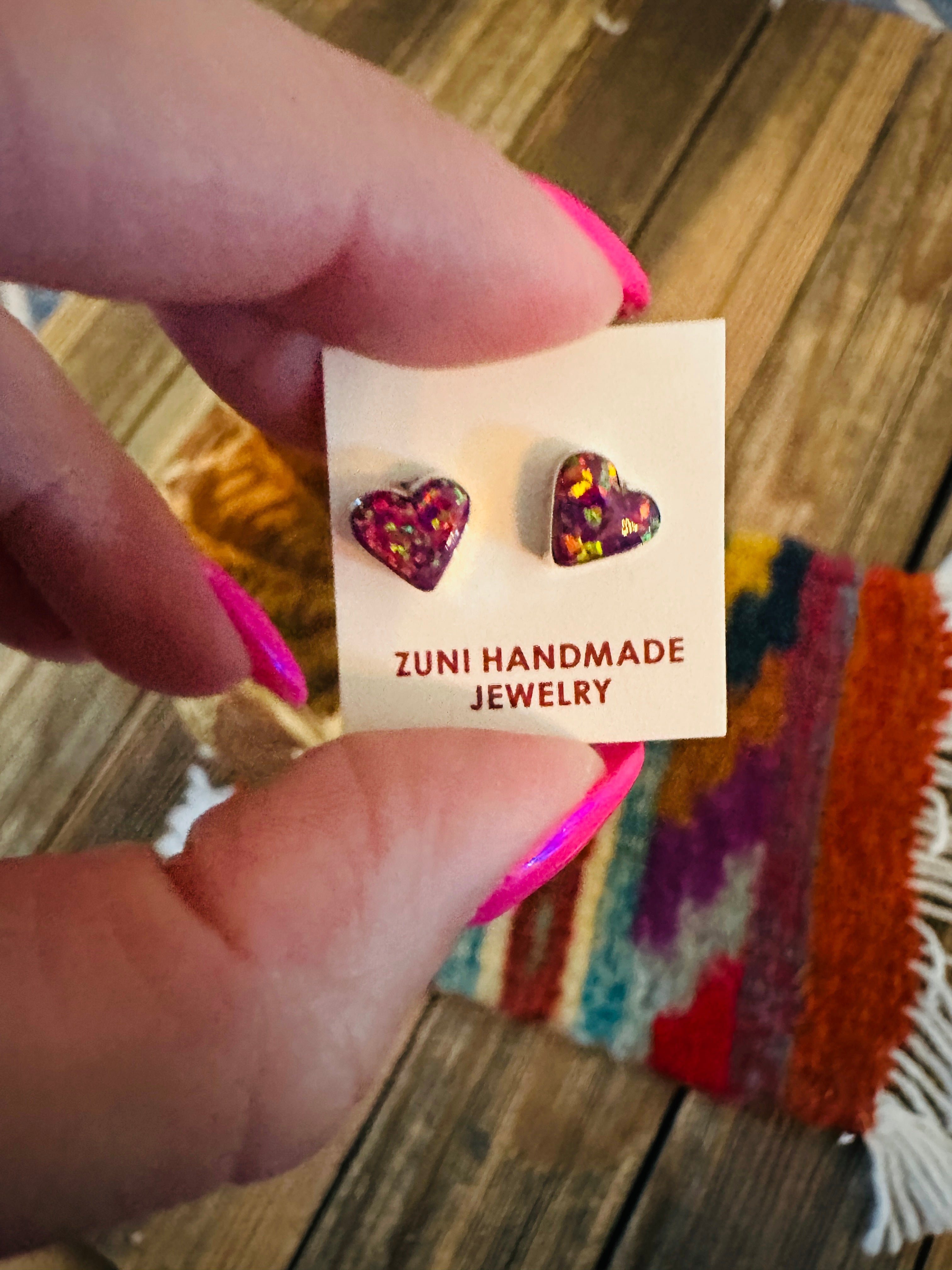 Handcrafted Sterling Silver & Purple Opal Stud Heart Earrings