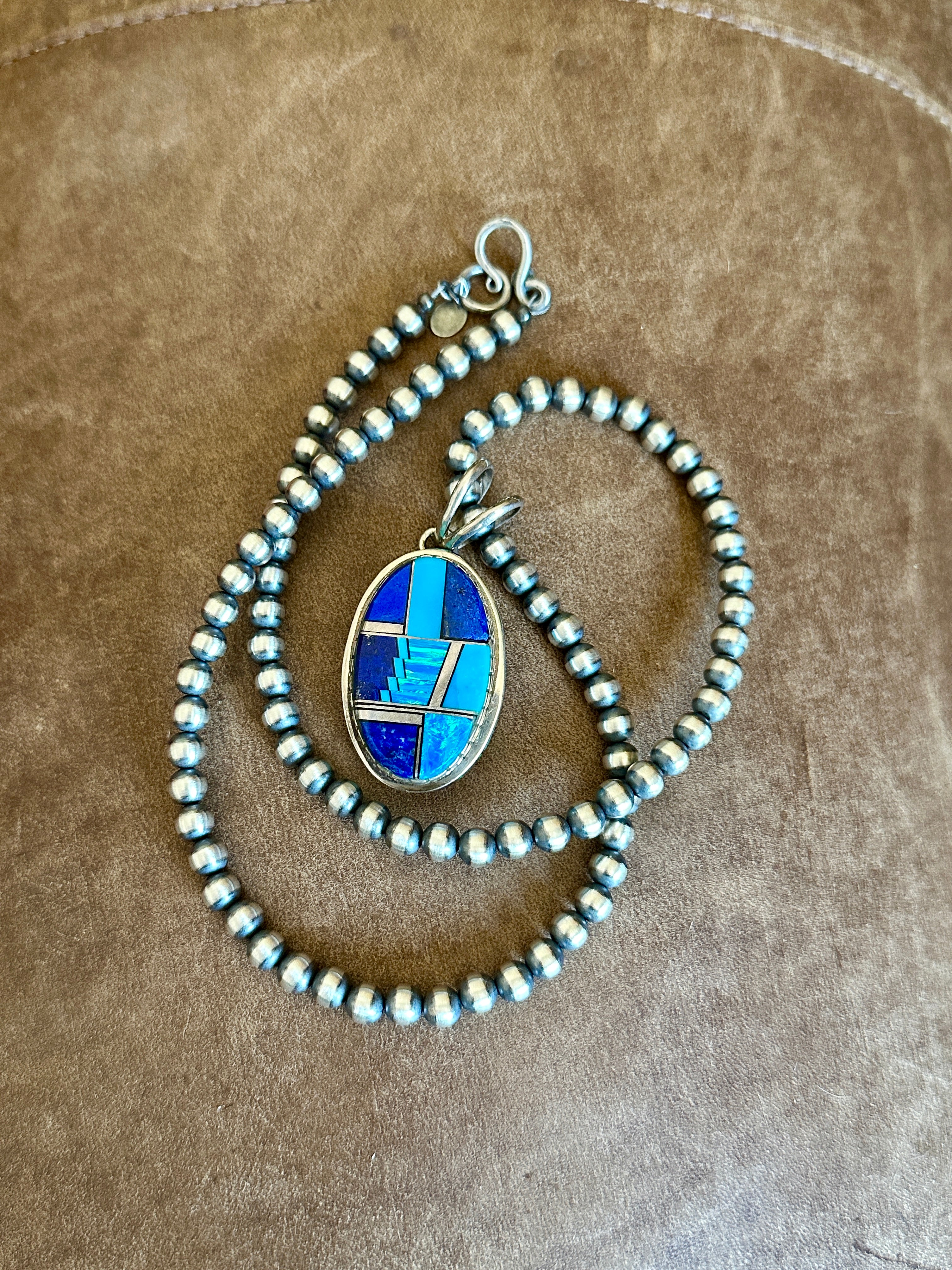 Handcrafted Lapis, Turquoise, Blue Opal Oval Pendant