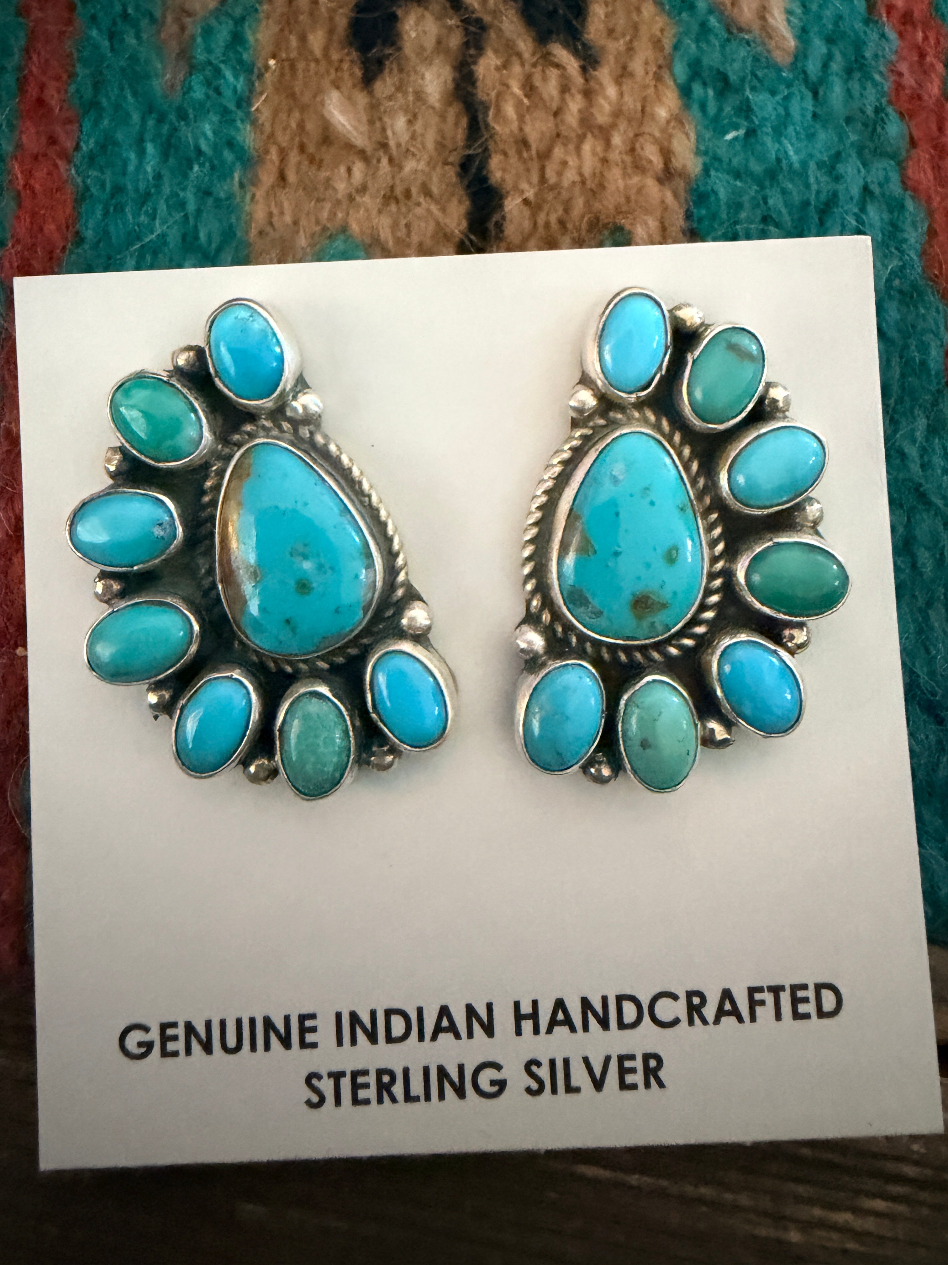 Handcrafted Turquoise & Sterling Silver Cluster Post Earrings
