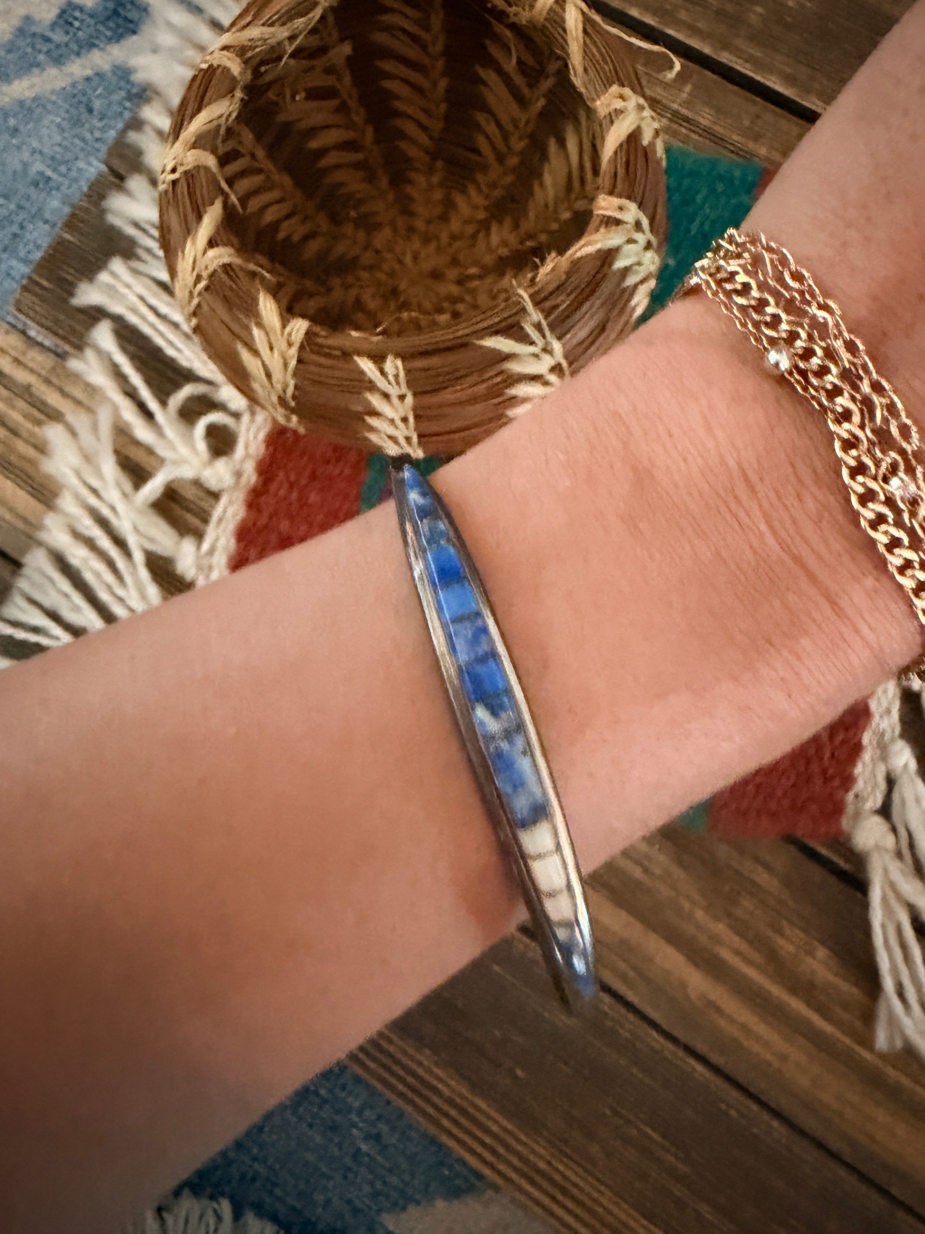 Handcrafted Old Pawn Sterling Silver, Lapis & Mother of Pearl Inlay Cuff Bracelet