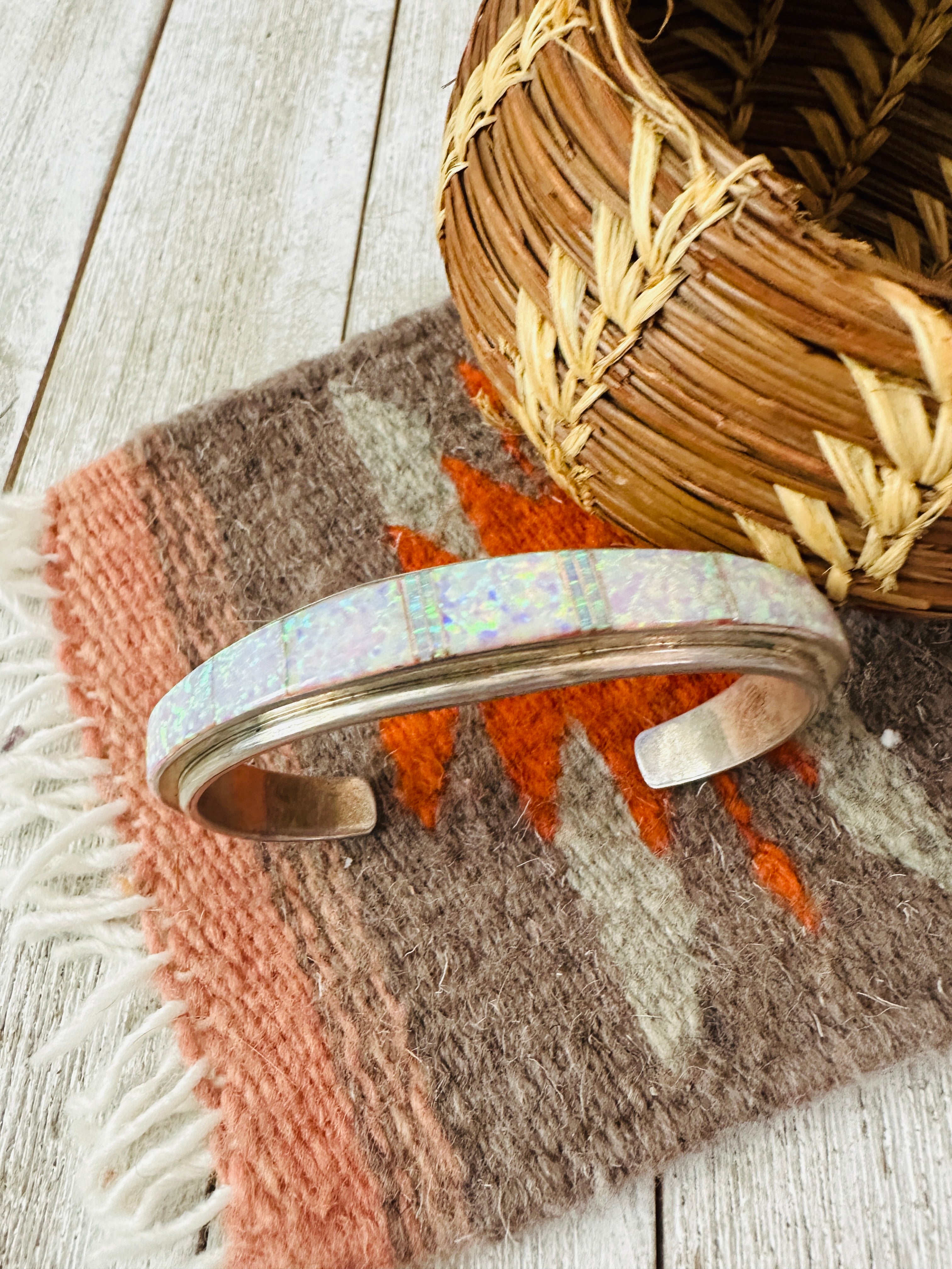 Handcrafted Old Pawn White Opal & Sterling Silver Inlay Cuff Bracelet