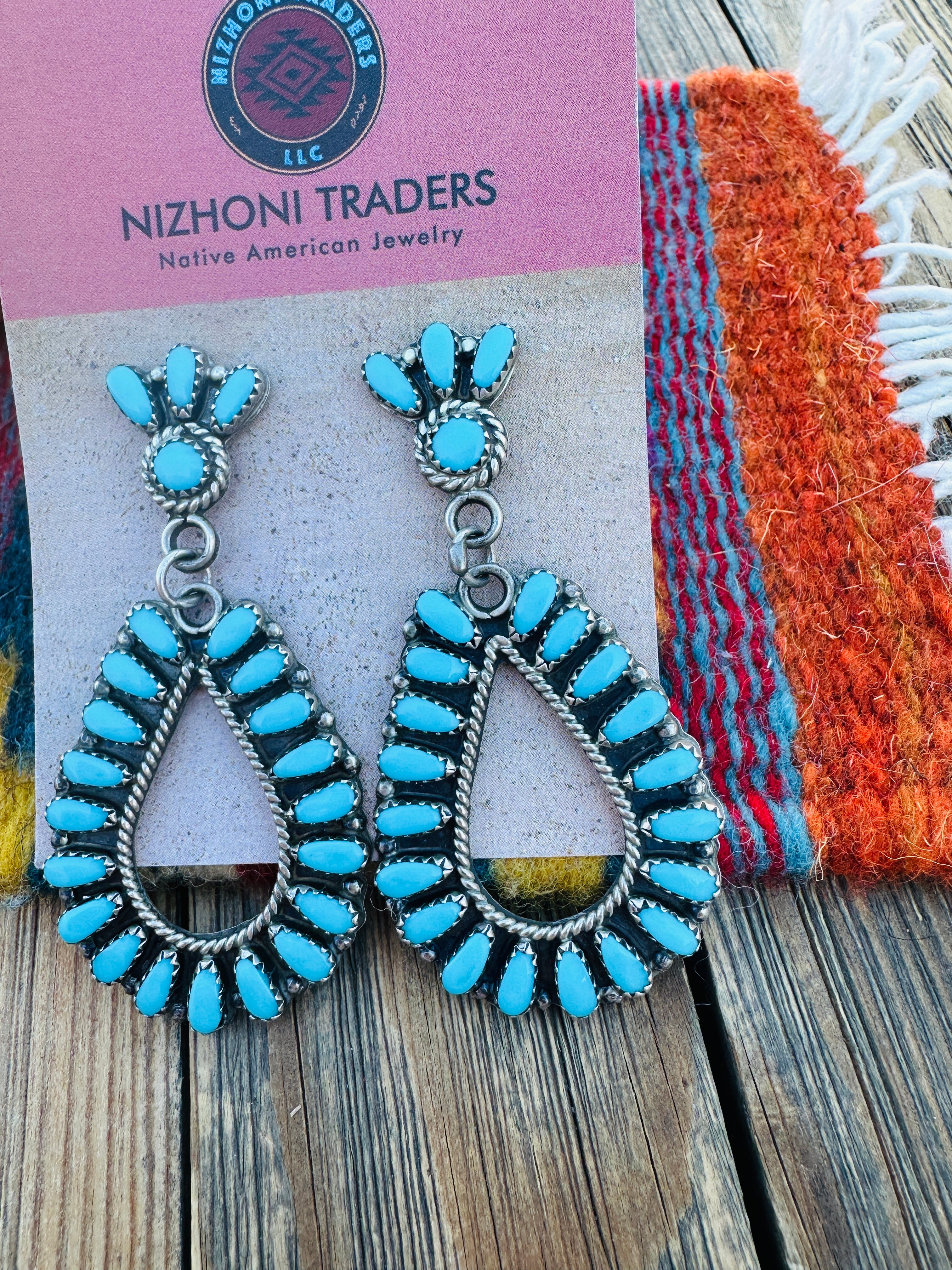 Handcrafted Old Pawn Sterling Silver & Turquoise Cluster Dangle Earrings