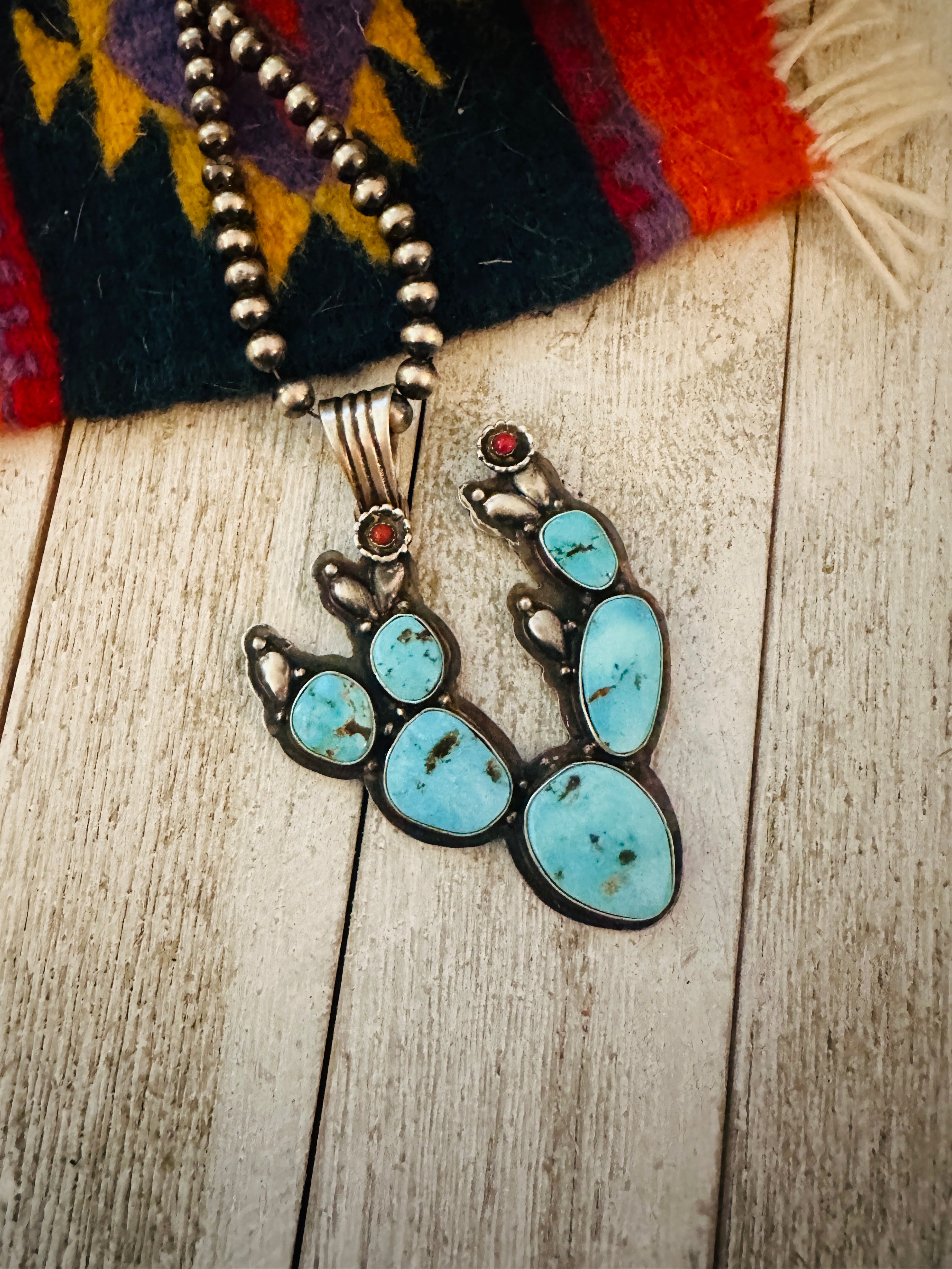 Handcrafted Turquoise, Coral and Sterling Silver Cactus Pendant