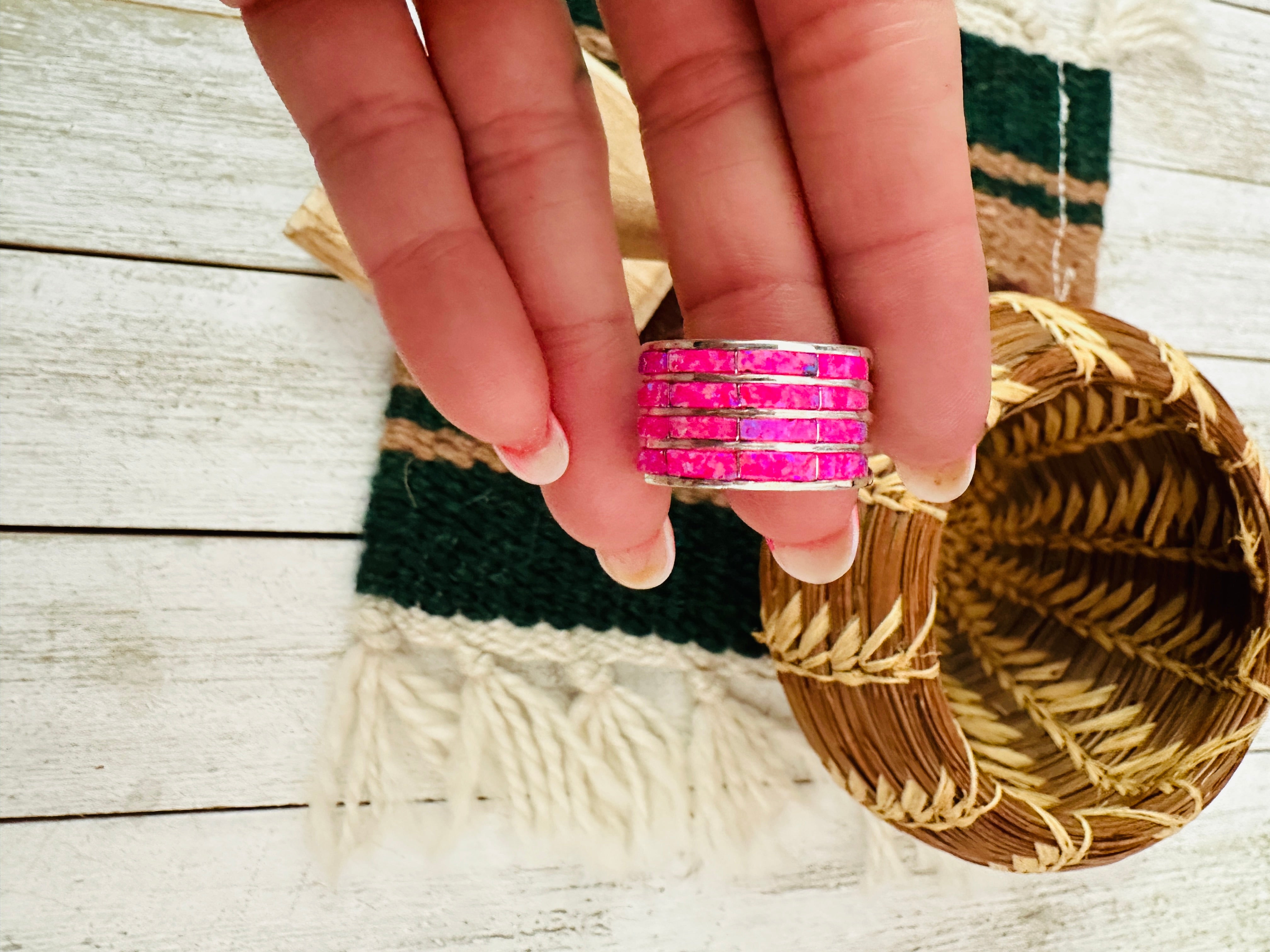 Handcrafted Sterling Silver & Pink Opal Inlay 4 Band Ring