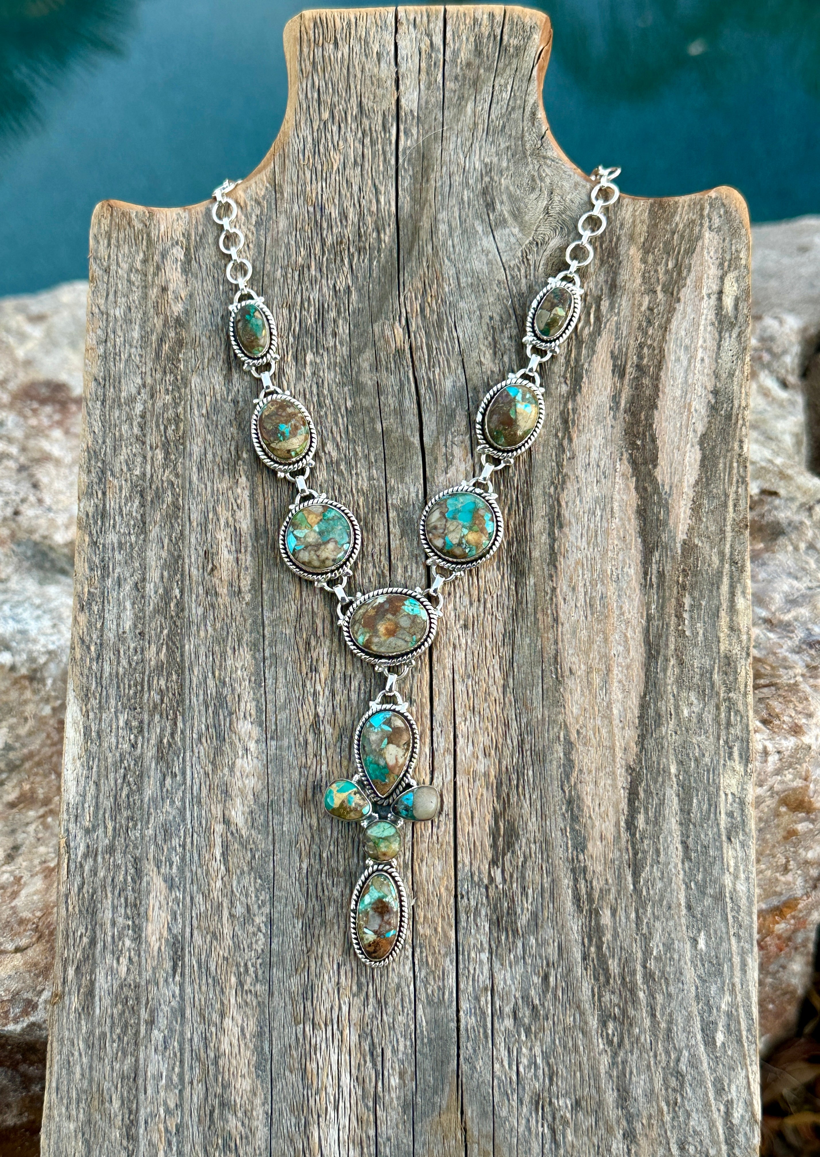 Handmade Royston Ribbon Cross Turquoise & Sterling Silver Lariat Necklace