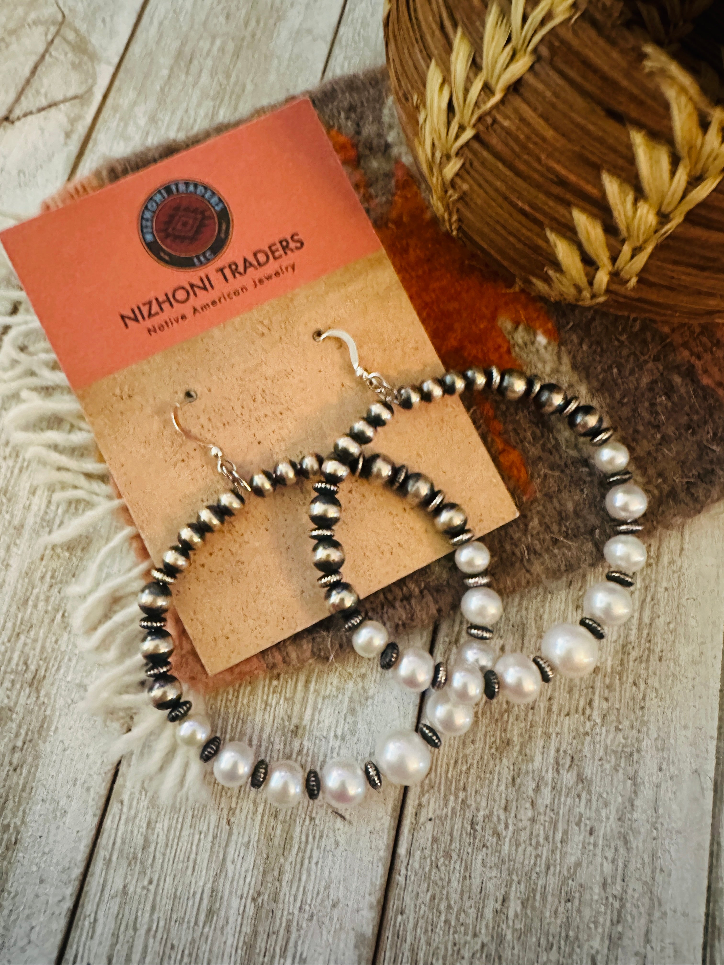 Handcrafted Freshwater Pearl & Sterling Silver Pearl Beaded Dangle Hoop Earrings