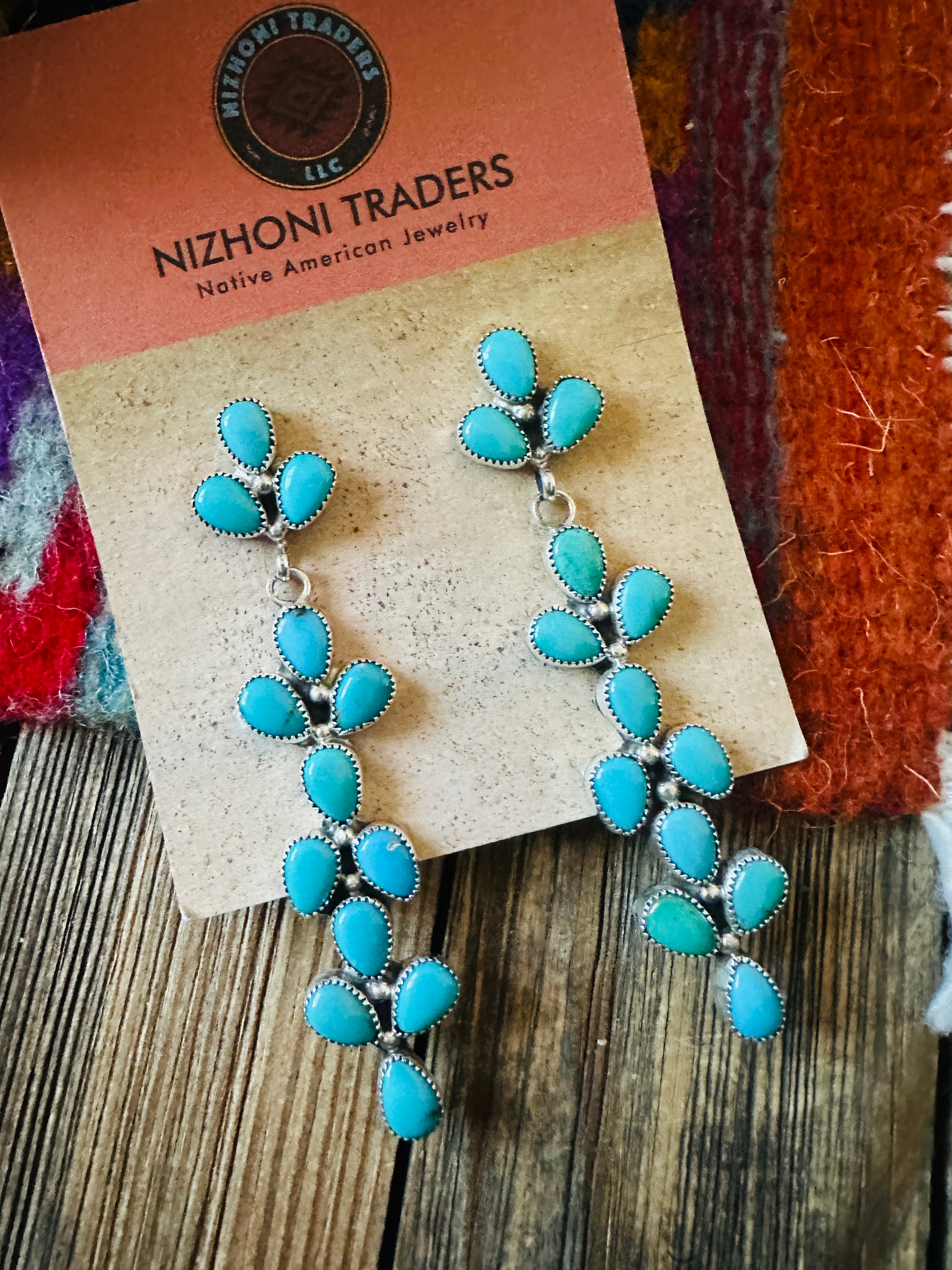Handcrafted Turquoise & Sterling Silver Cluster Dangle Earrings