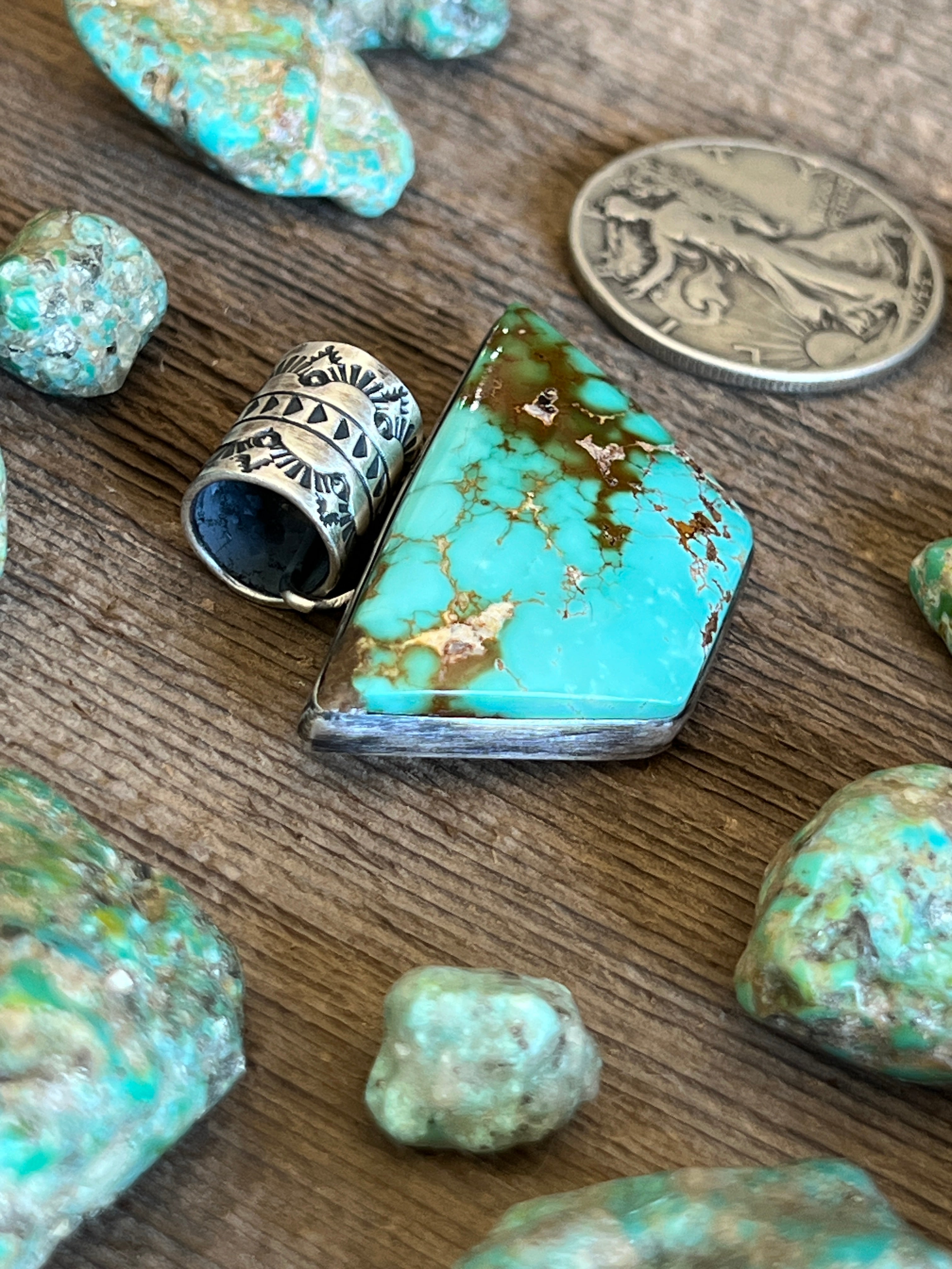 Handcrafted Sterling Silver and Royston Turquoise Solo Pendant by Angela Martin