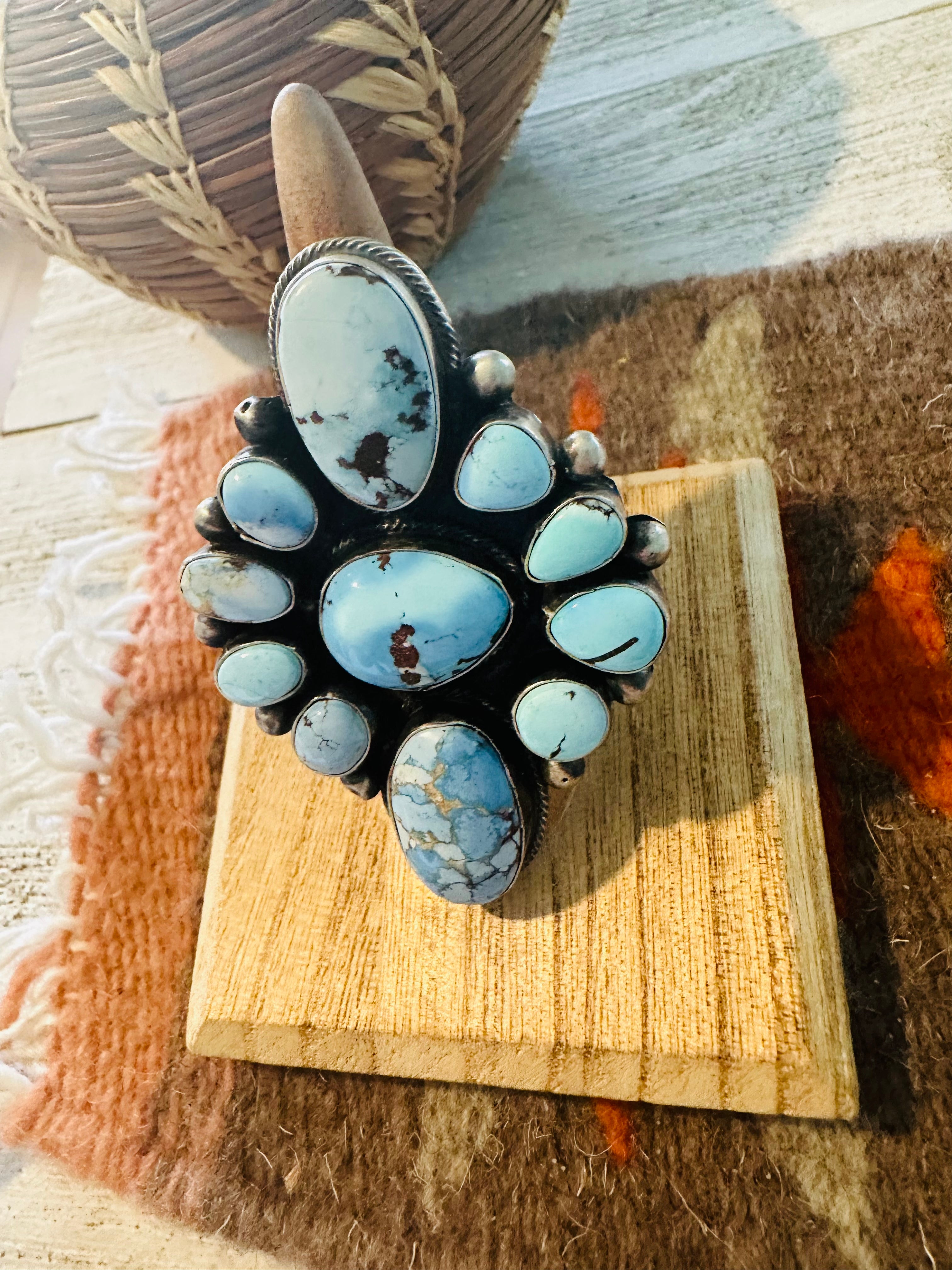 Navajo Golden Hills Turquoise & Sterling Silver Cluster Ring Size 7