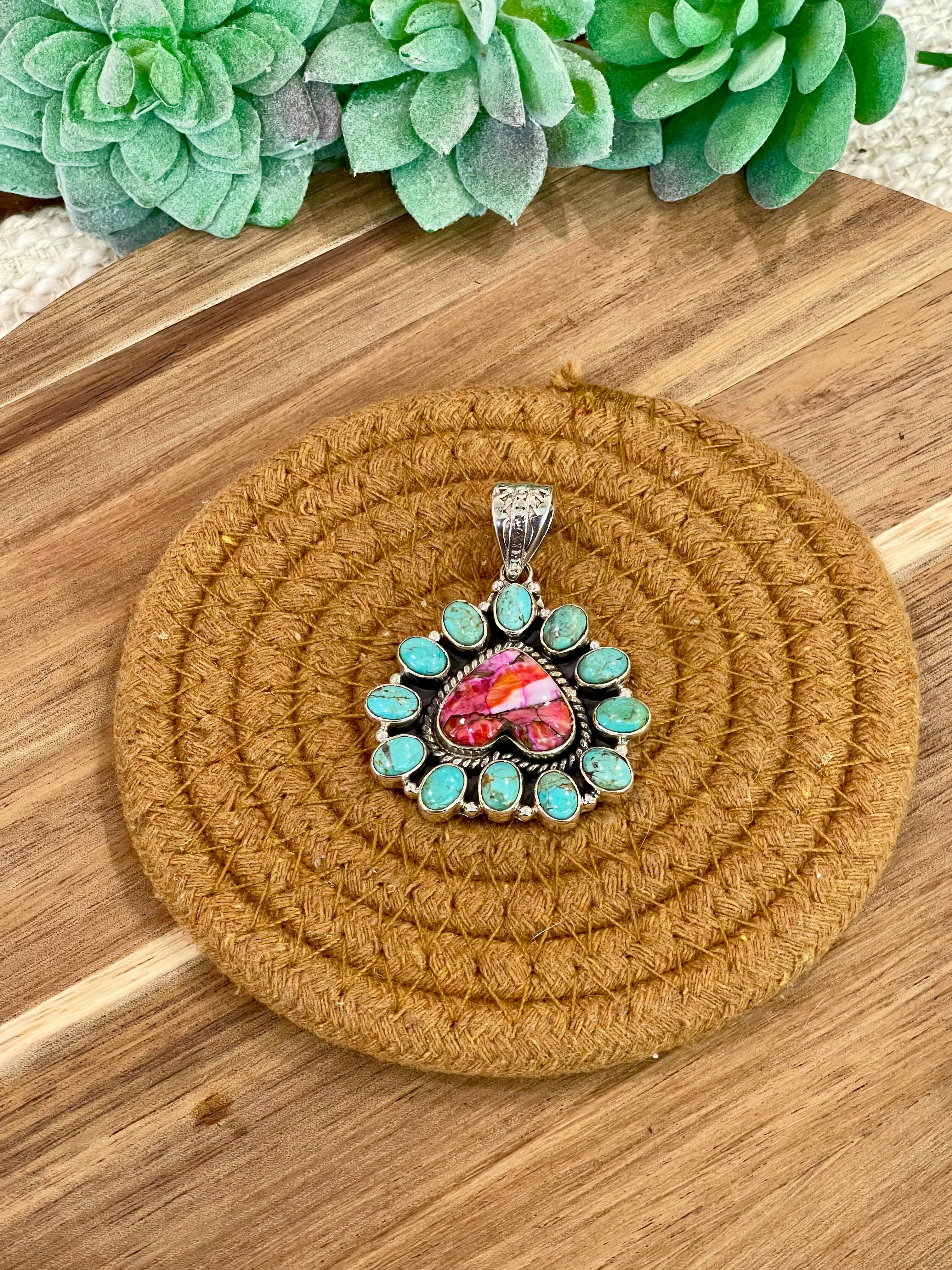 Handmade Sterling Silver,Turquoise & Pink Dream Mojave Cluster Pendant