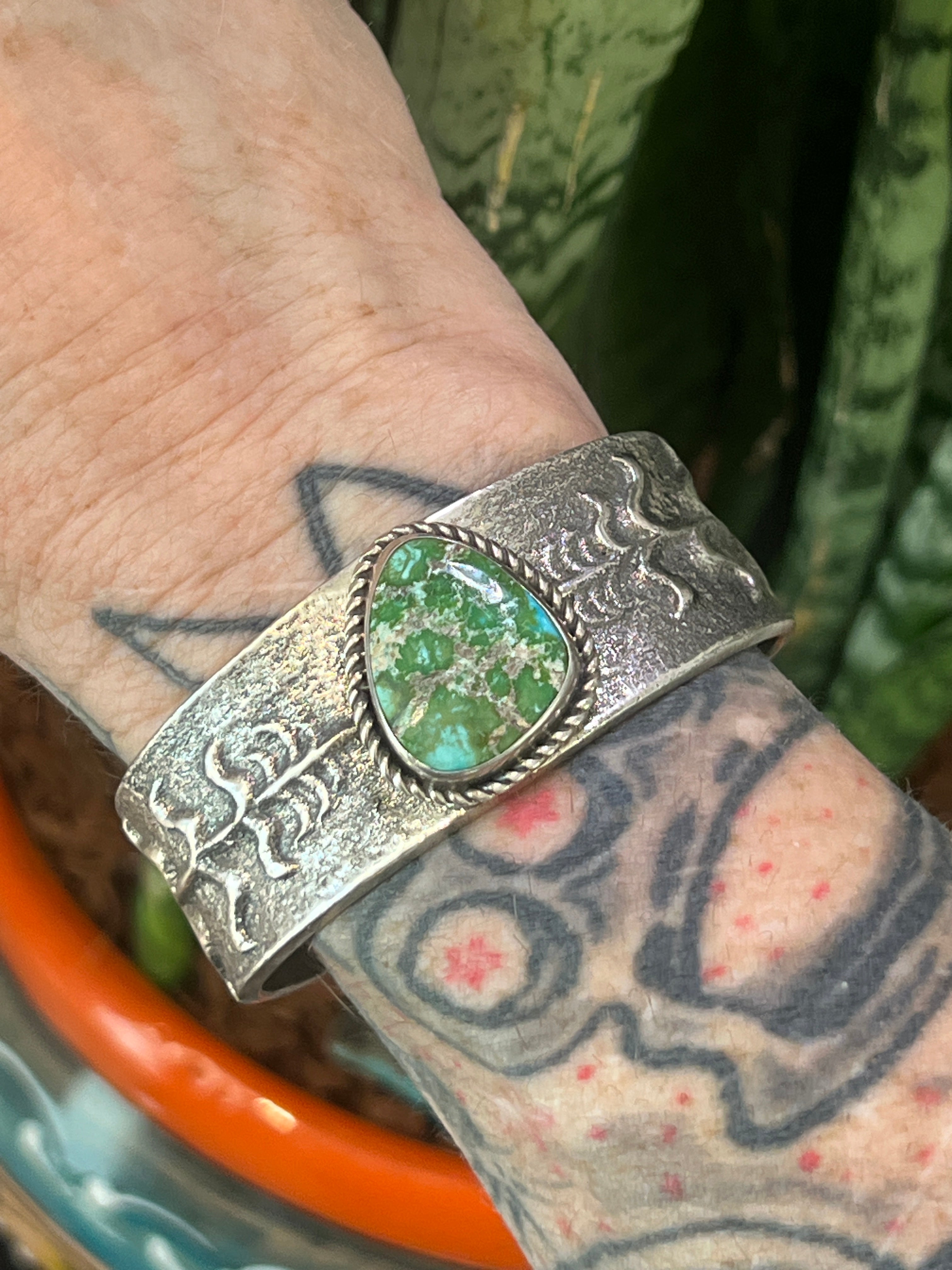 Handcrafted Sterling Silver Tufa Cast Corn Stalk Cuff with Sonoran Gold Turquoise by Gary Custer