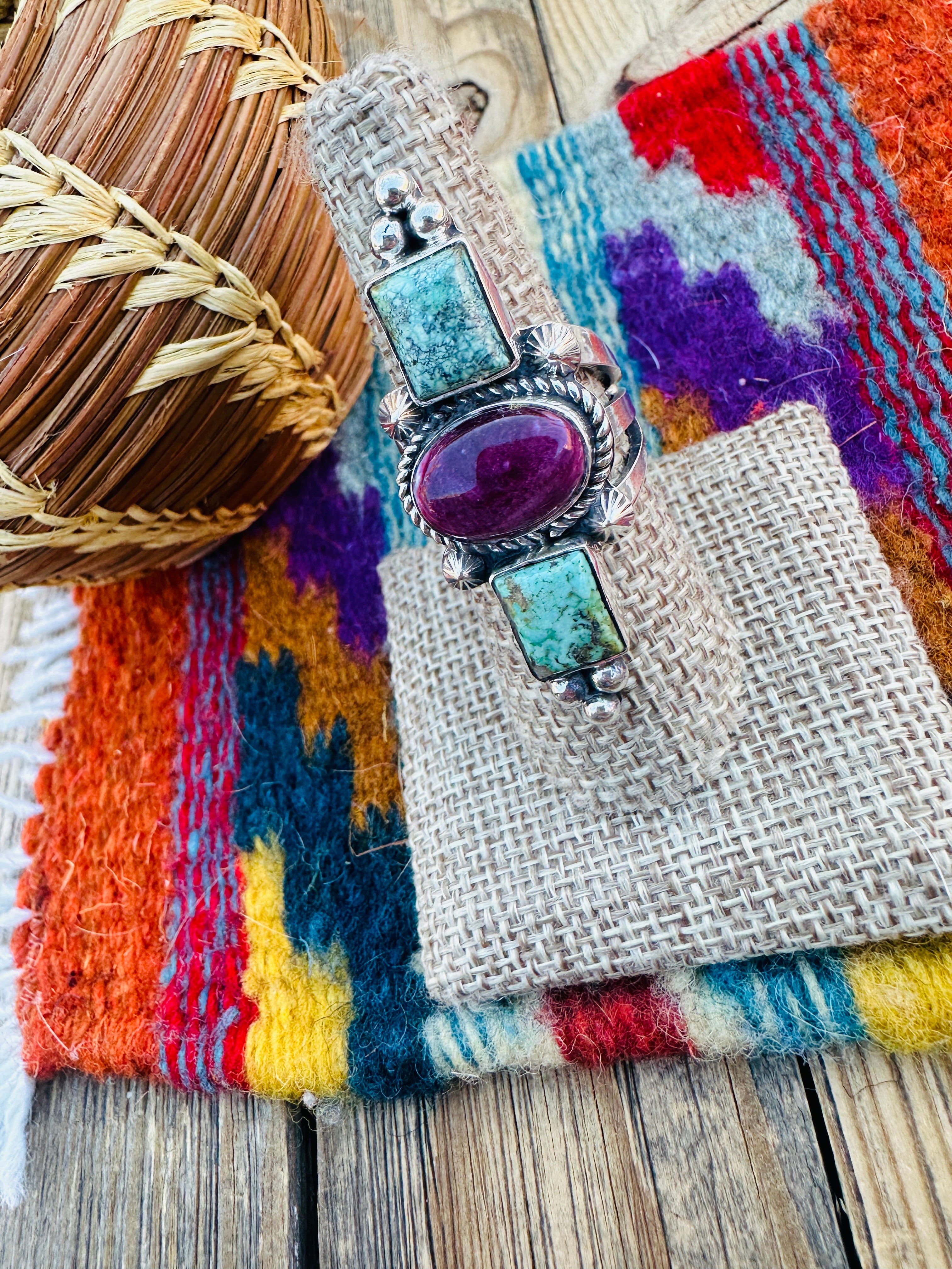 Handcrafted Turquoise, Spiny Oyster & Sterling Silver Ring 8 by Rosella Paxson