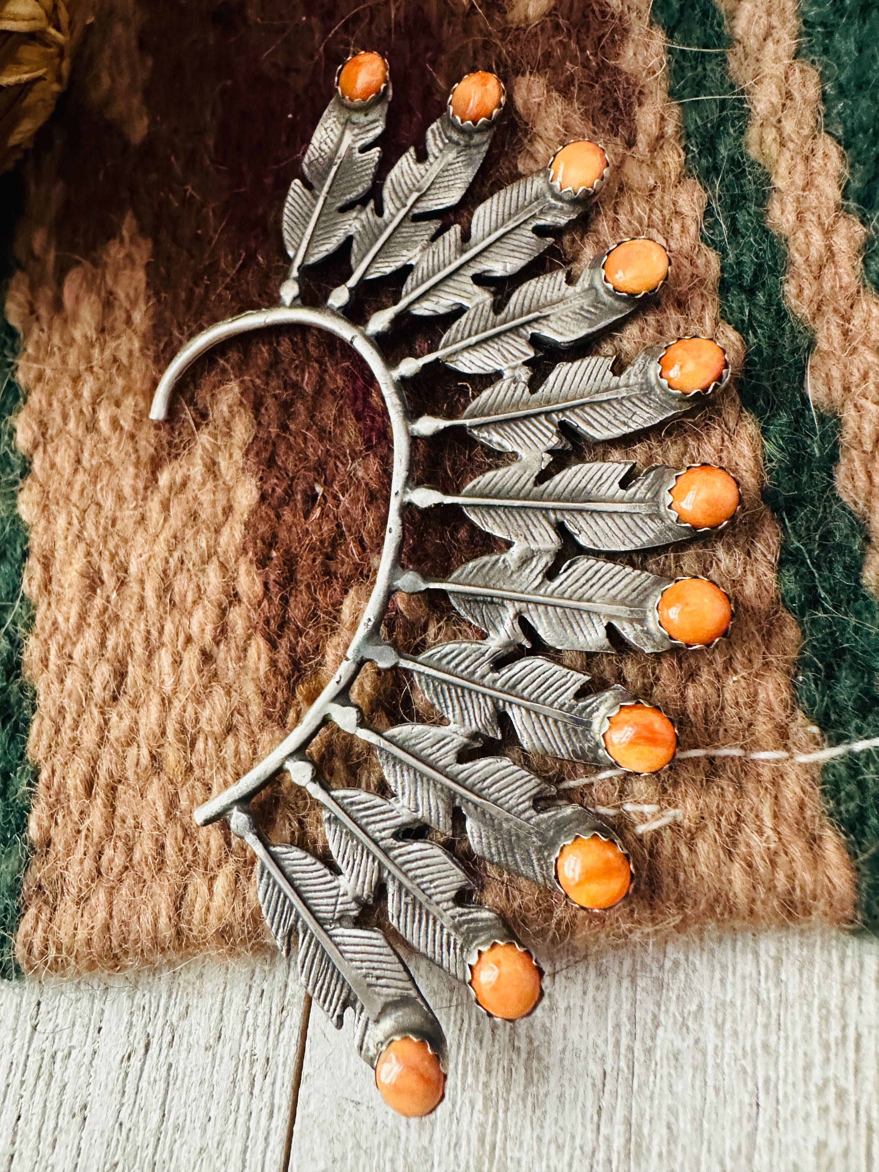 Handcrafted Orange Spiny & Sterling Silver Feather Cuff Earring (Left Side)