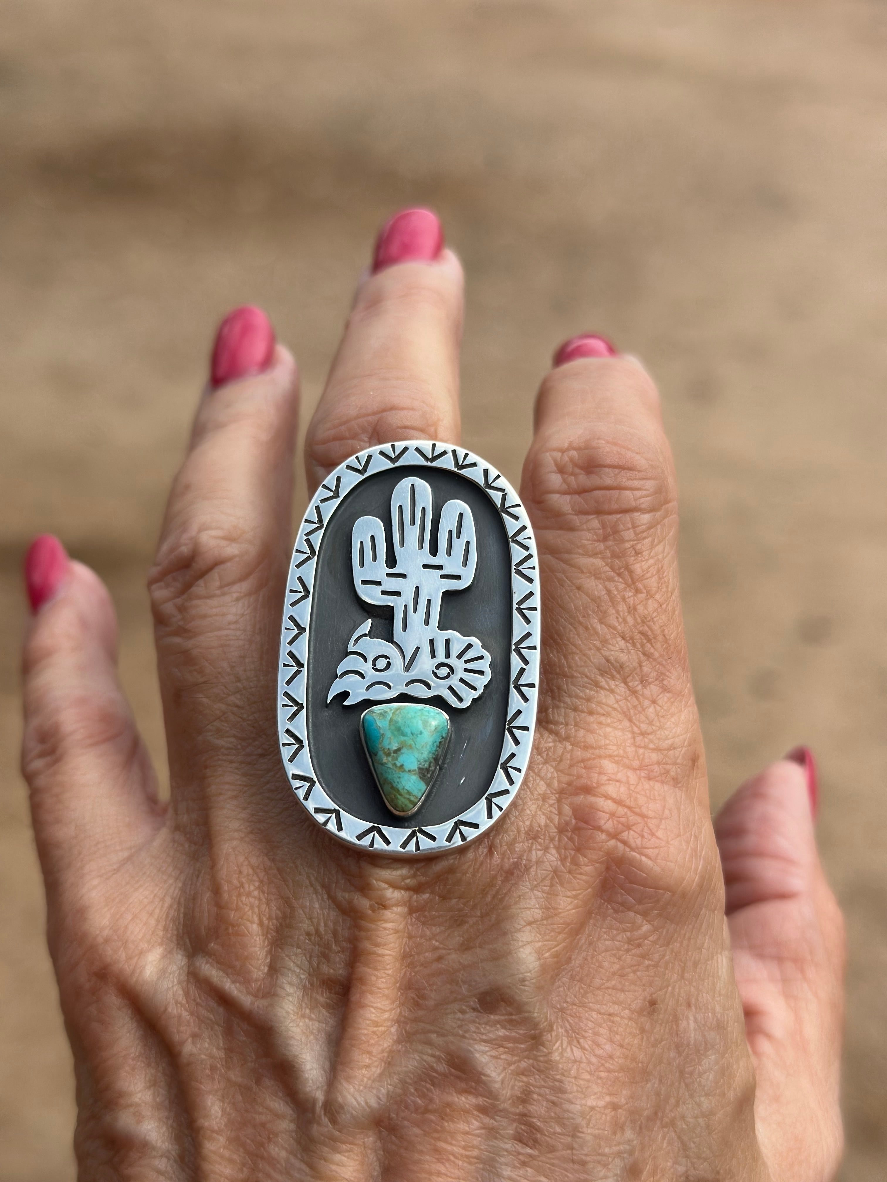 Handmade Kingman Turquoise And Sterling Silver Adjustable Cactus Ring