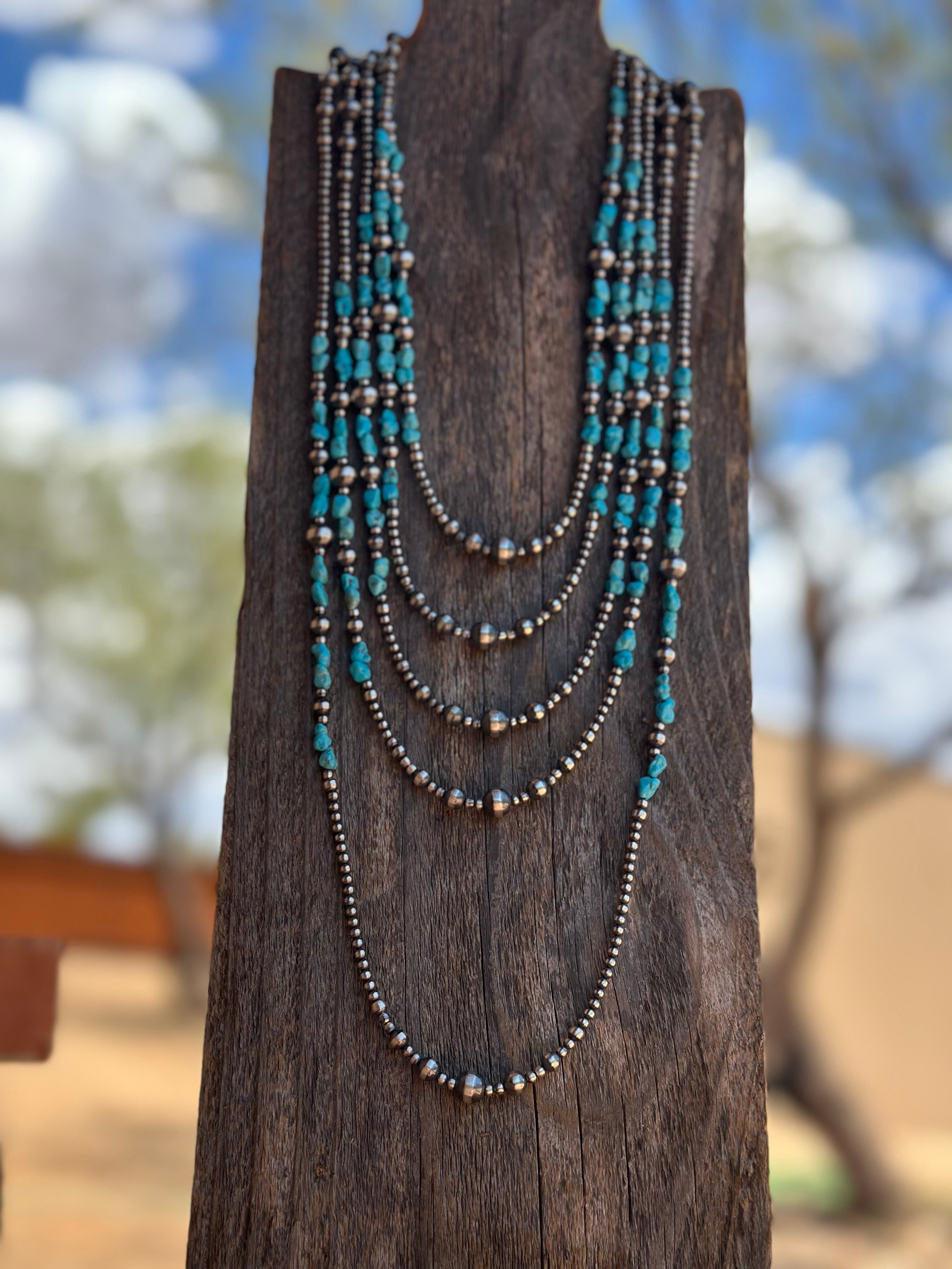 Kingman Turquoise & Sterling Silver 3mm-8mm Beaded Necklace