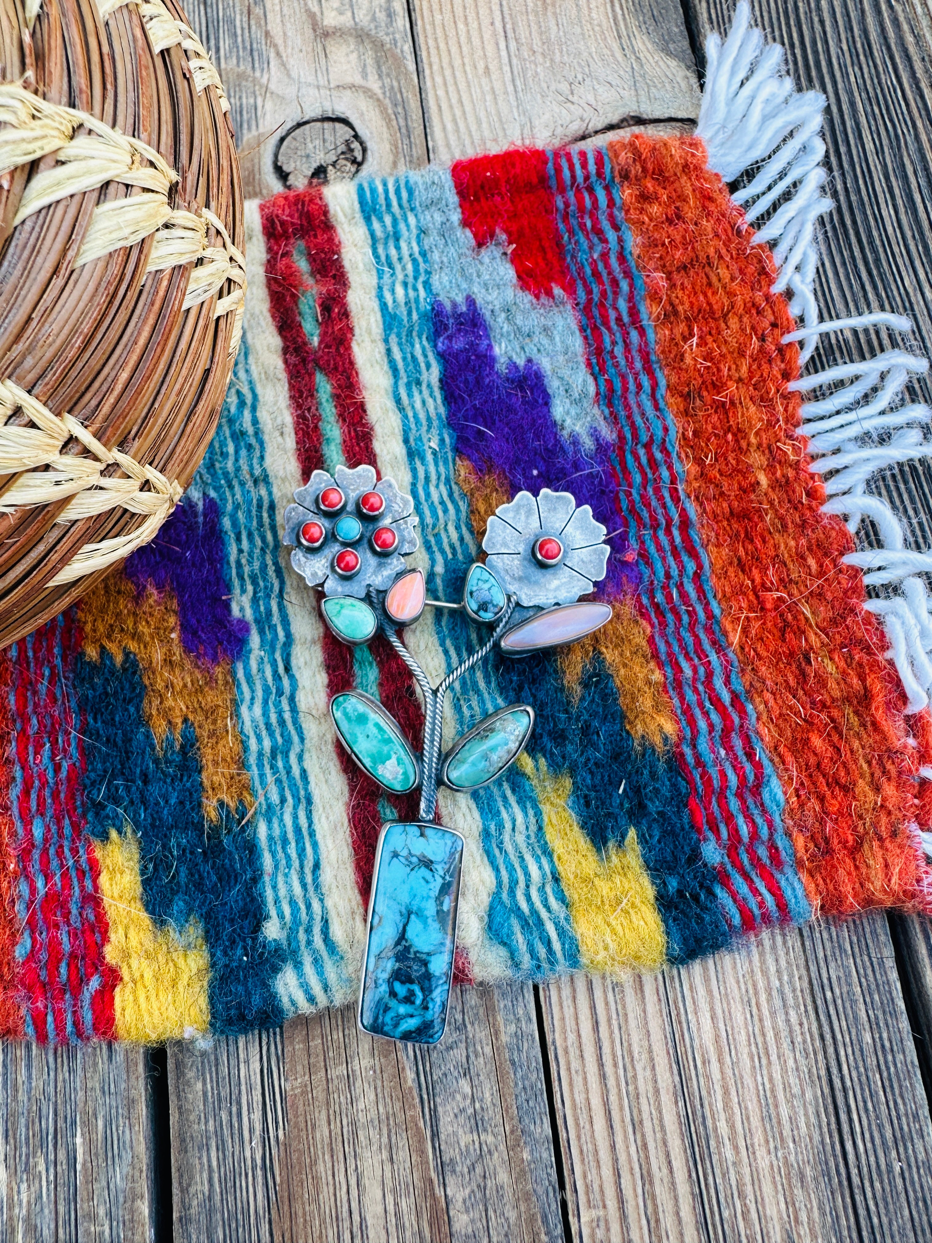 Old Pawn Handcrafted Multi Stone and Sterling Silver Flower Brooch by Herbert Ration