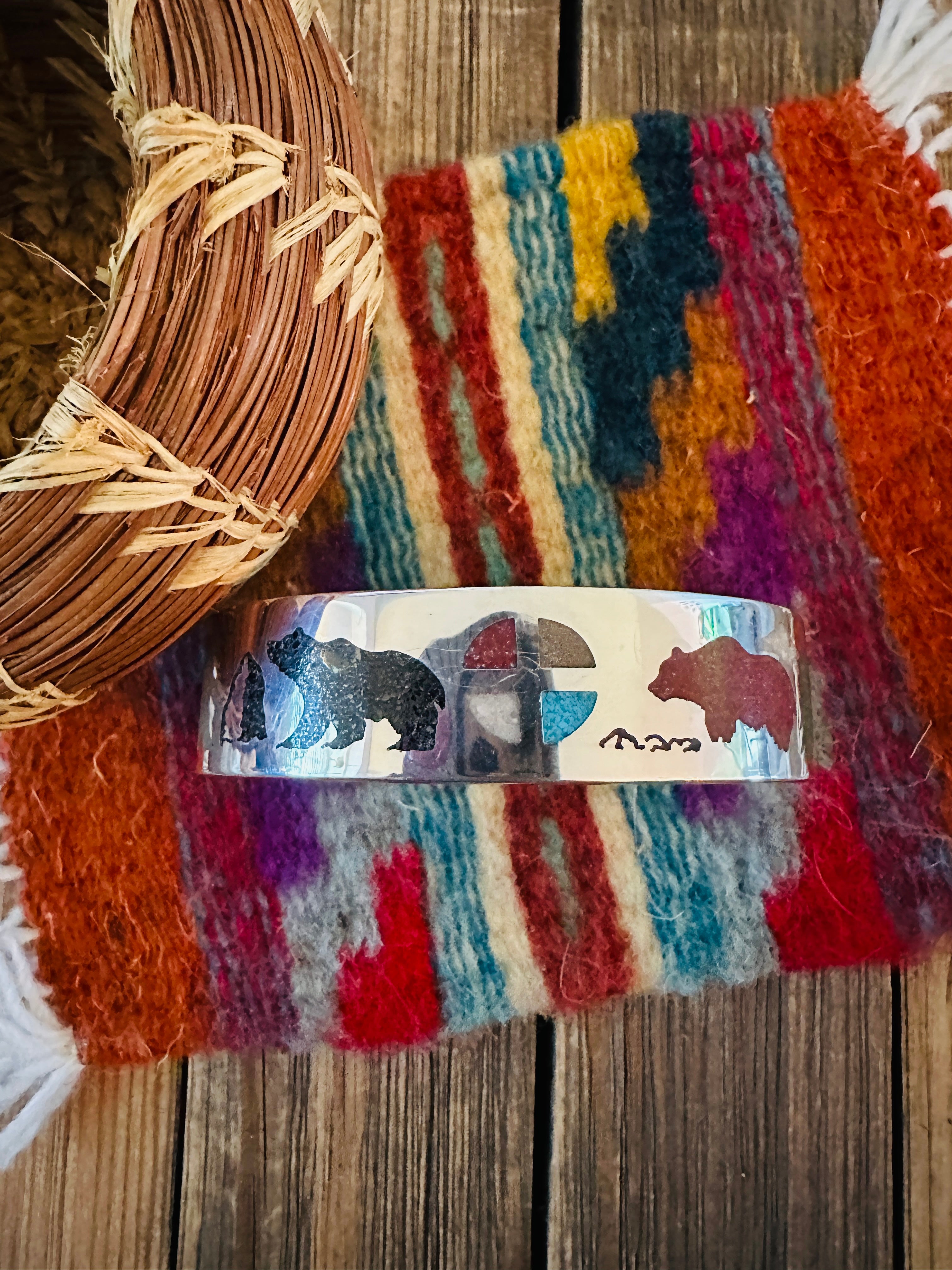 Handcrafted Sterling Silver & Multi Stone Inlay Bear Cuff Bracelet