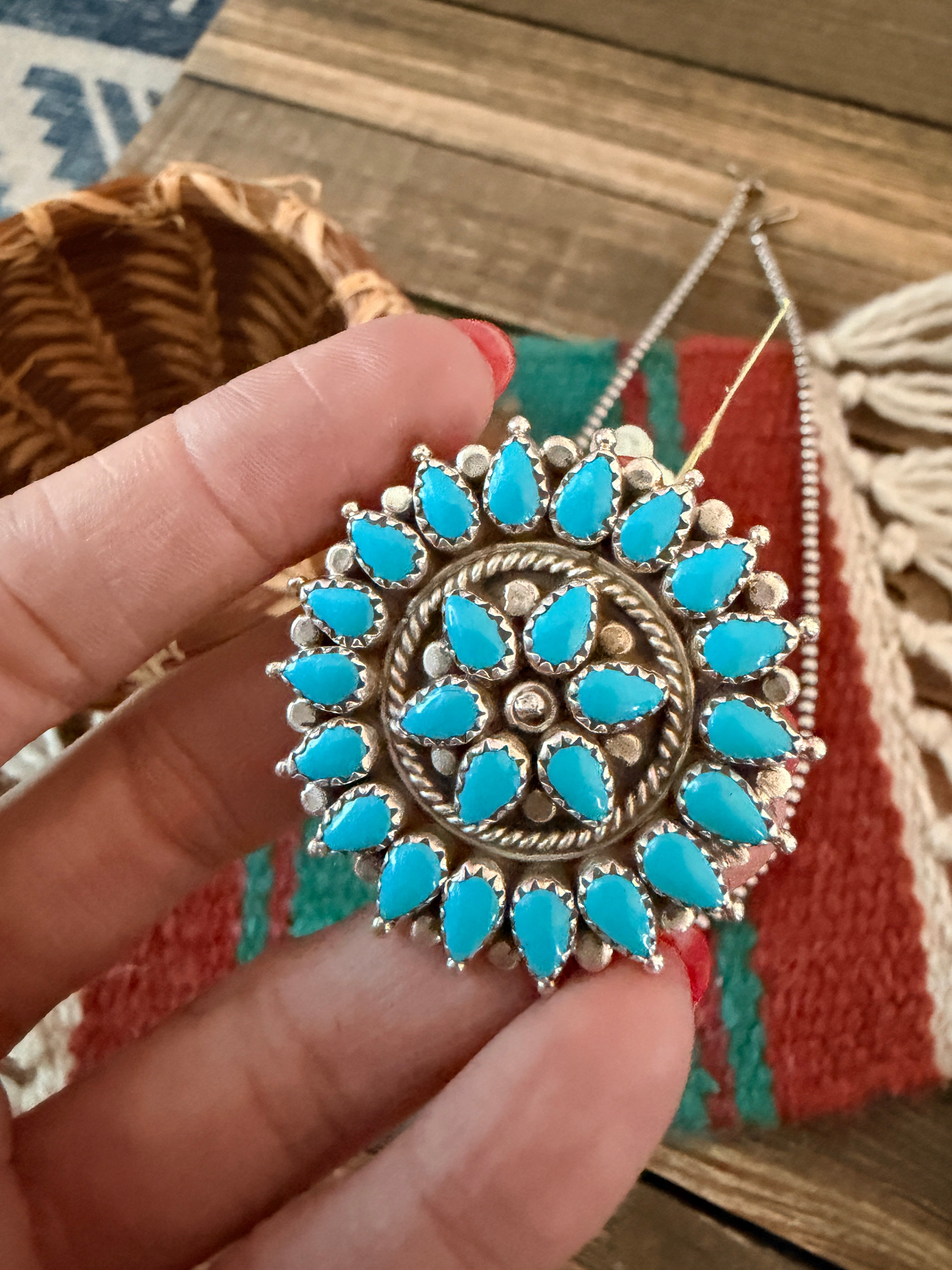 Old Pawn Handcrafted Turquoise and Sterling Silver Cluster Pendant