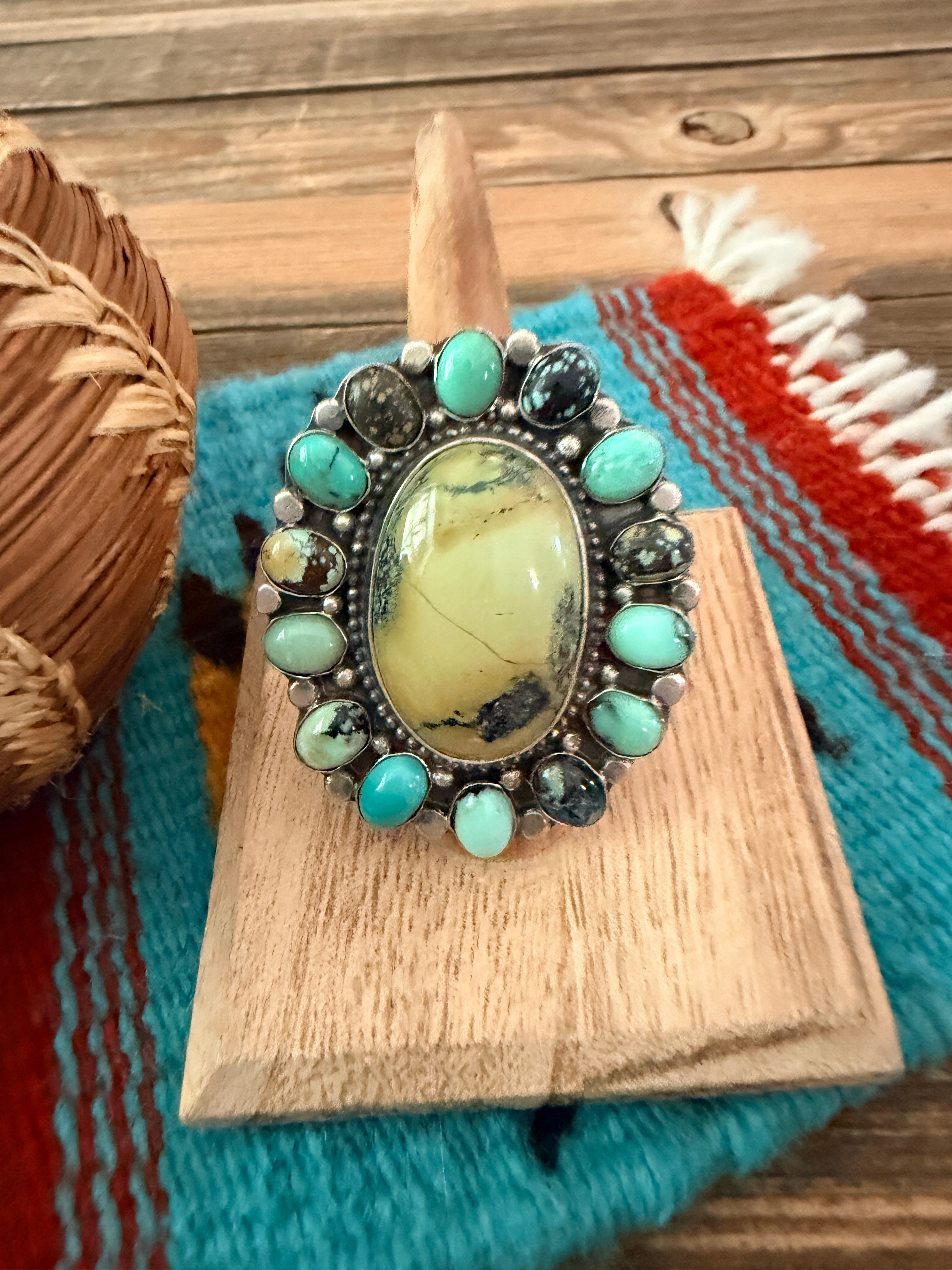 Handcrafted Multi Turquoise & Sterling Silver Cluster Ring by Sheila Becenti Size 7.25