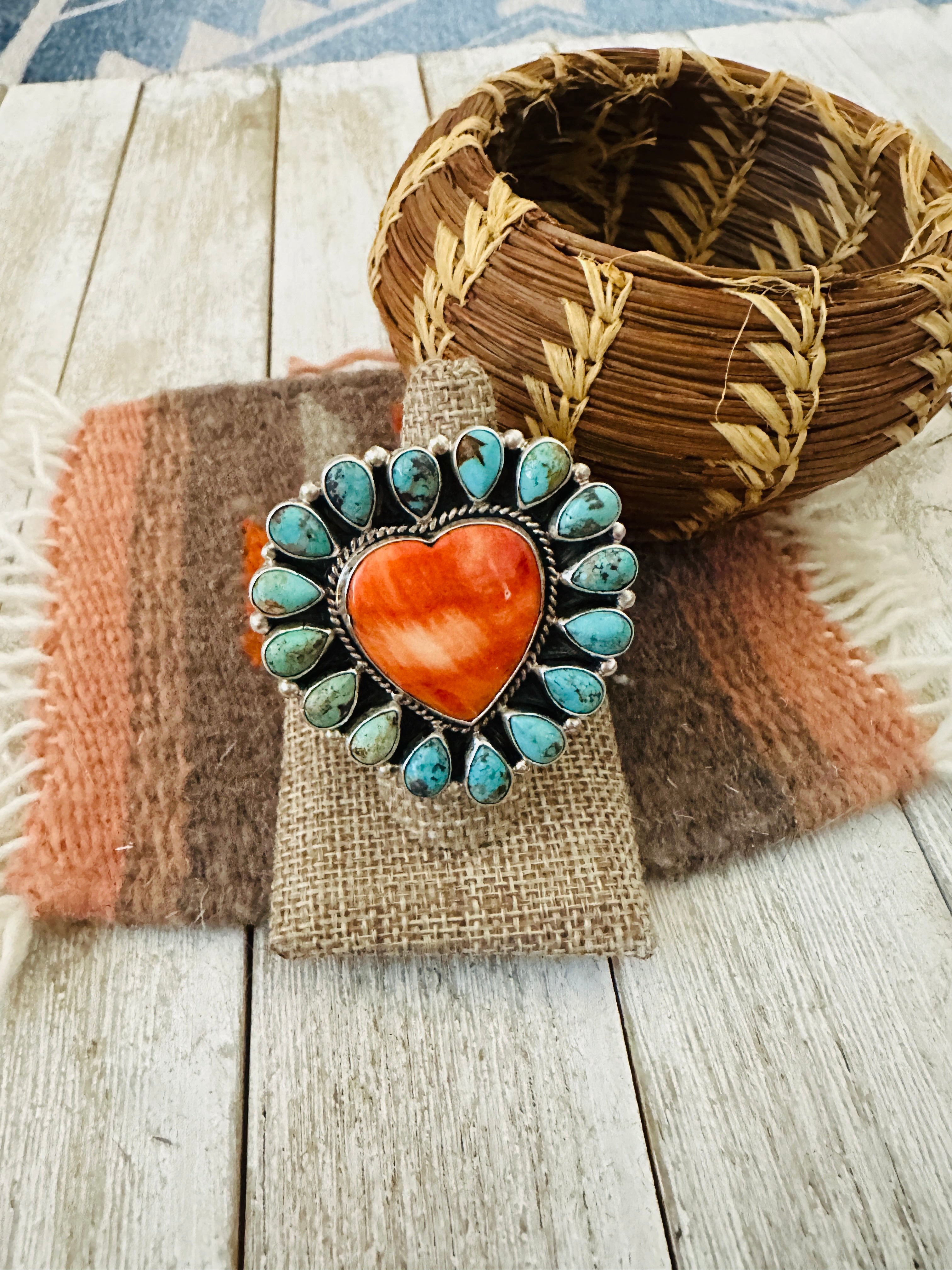 Handcrafted Sterling Silver, Spiny & Turquoise Cluster Adjustable Heart Ring
