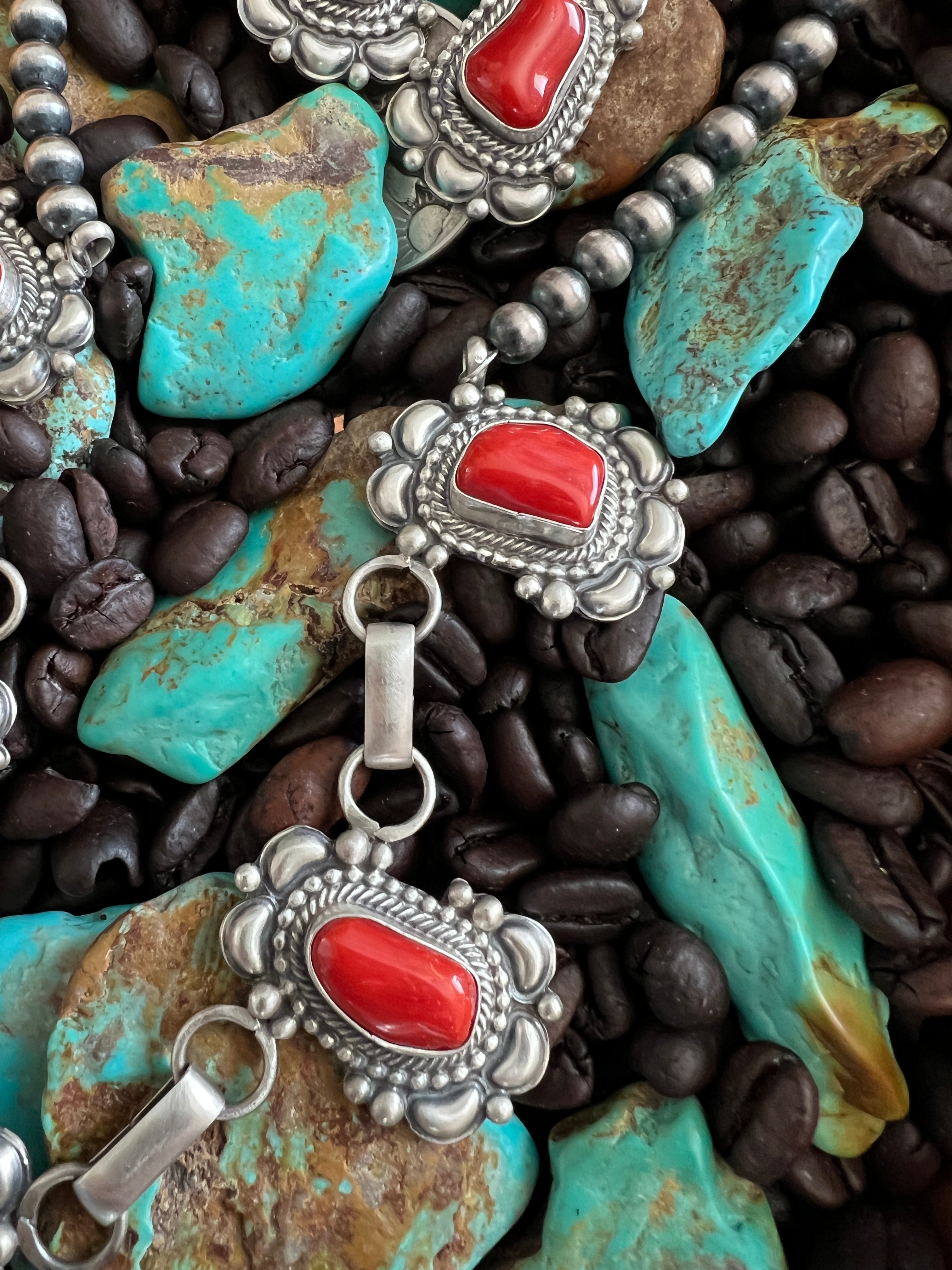 Navajo Sterling Silver, Mediterranean Coral and Sleeping Beauty Turquoise Necklace with Matching Earrings by Tom Lewis